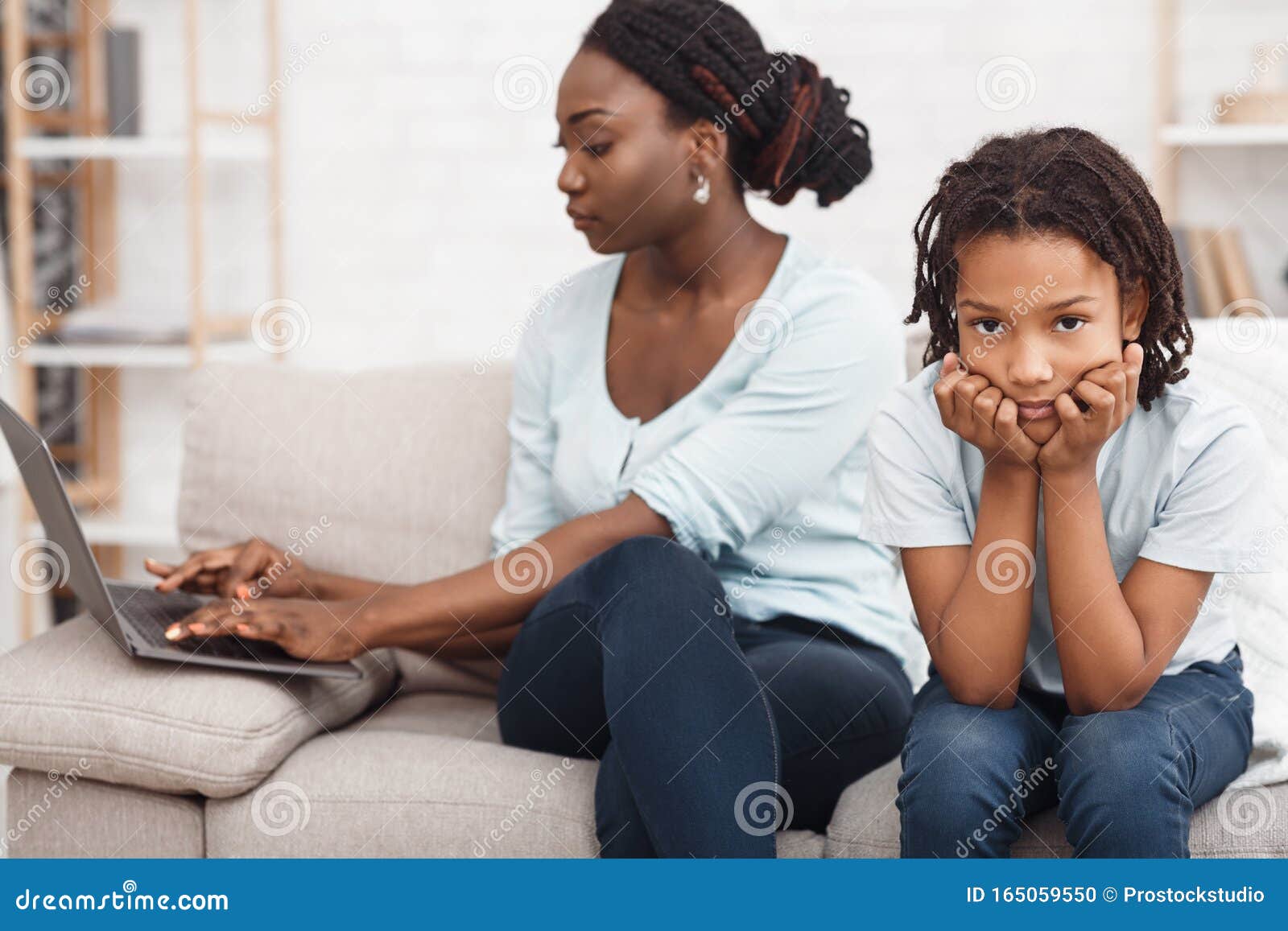 Black Mother Dont Have Time For Daughter Stock Photo Image Of Lonely