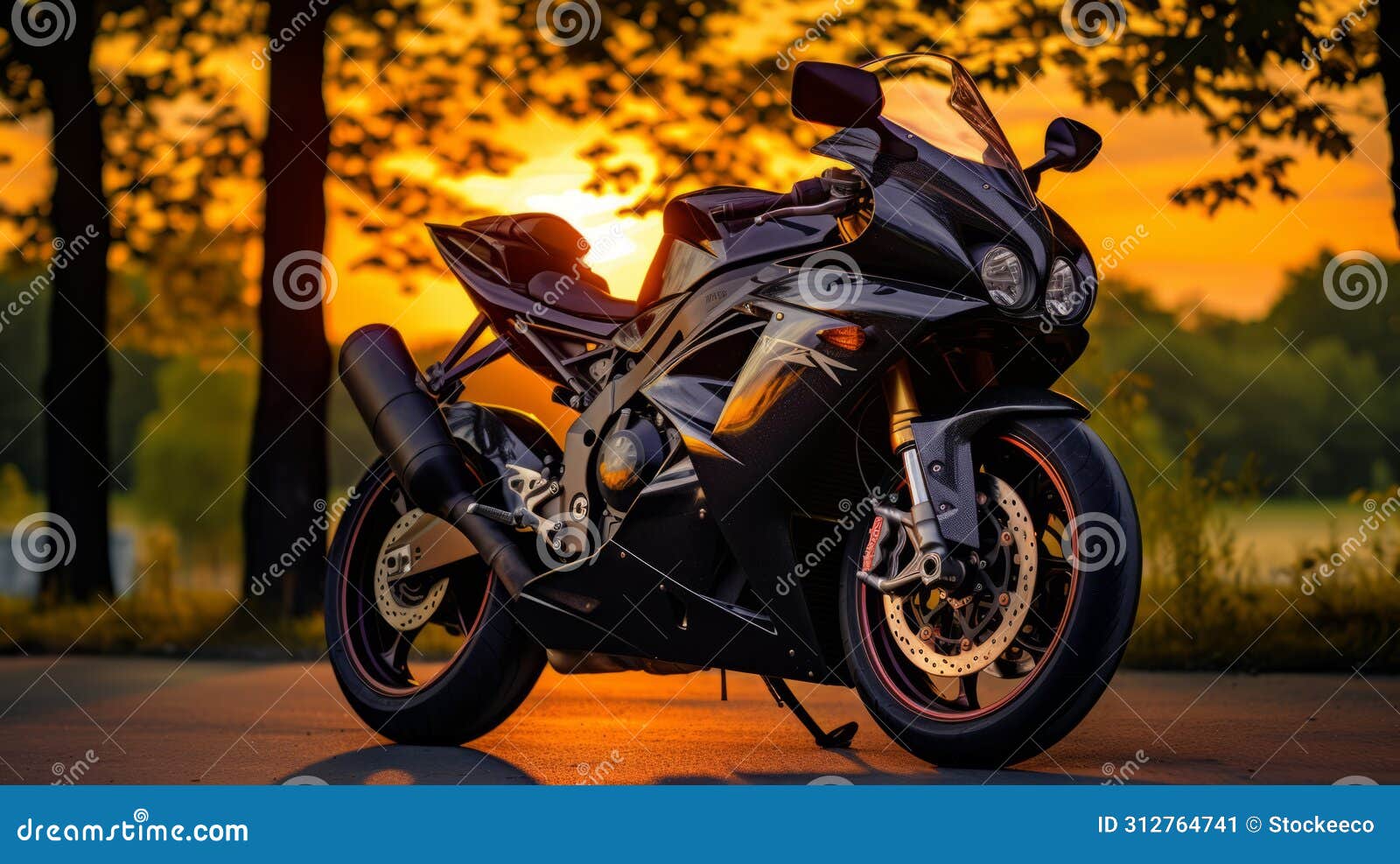 sunlit motorbike: dark silver and gold in richly colored skies