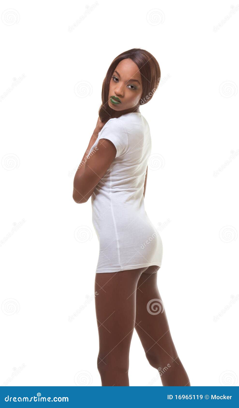 Black Naked Woman In White T-shirt, Slender Legs Stock 