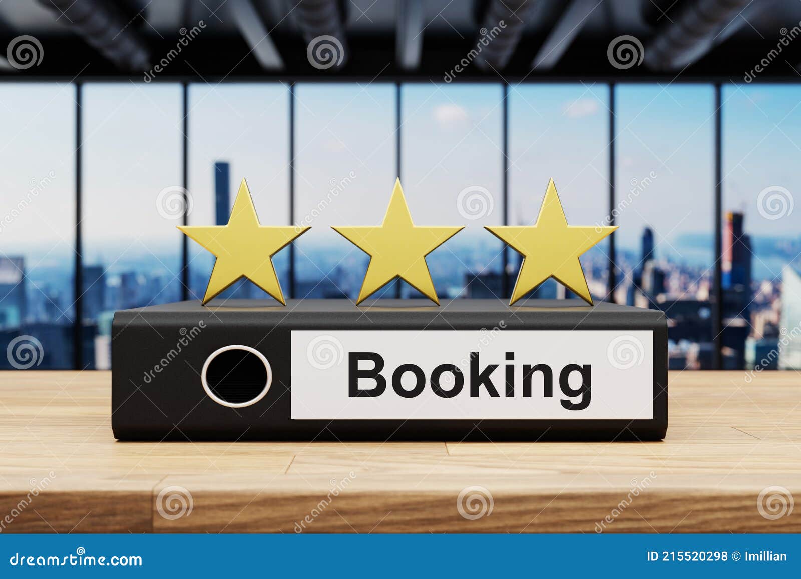 black office binder file folder with three stars on wooden desk in large modern office building with skyline view; booking label;