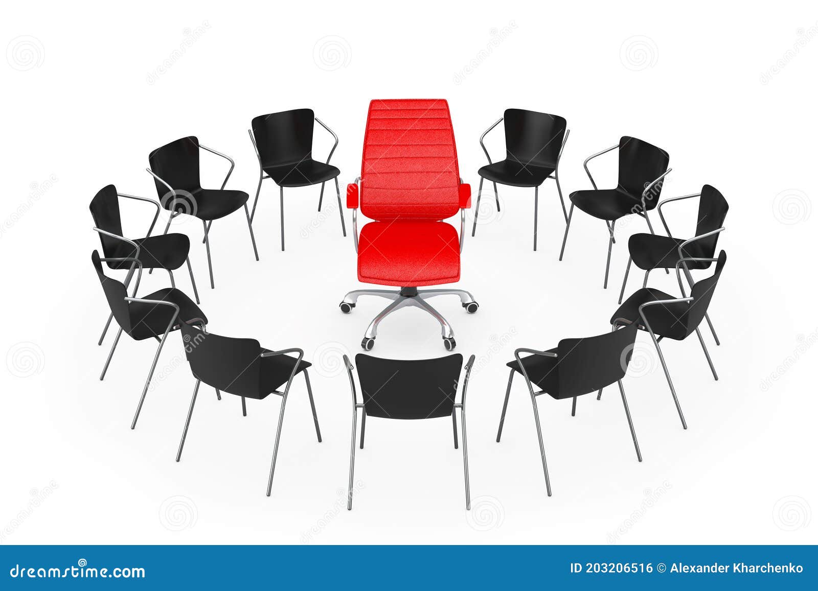Red Leader Chair With Large Group Of Black Chairs Stock Photo ...