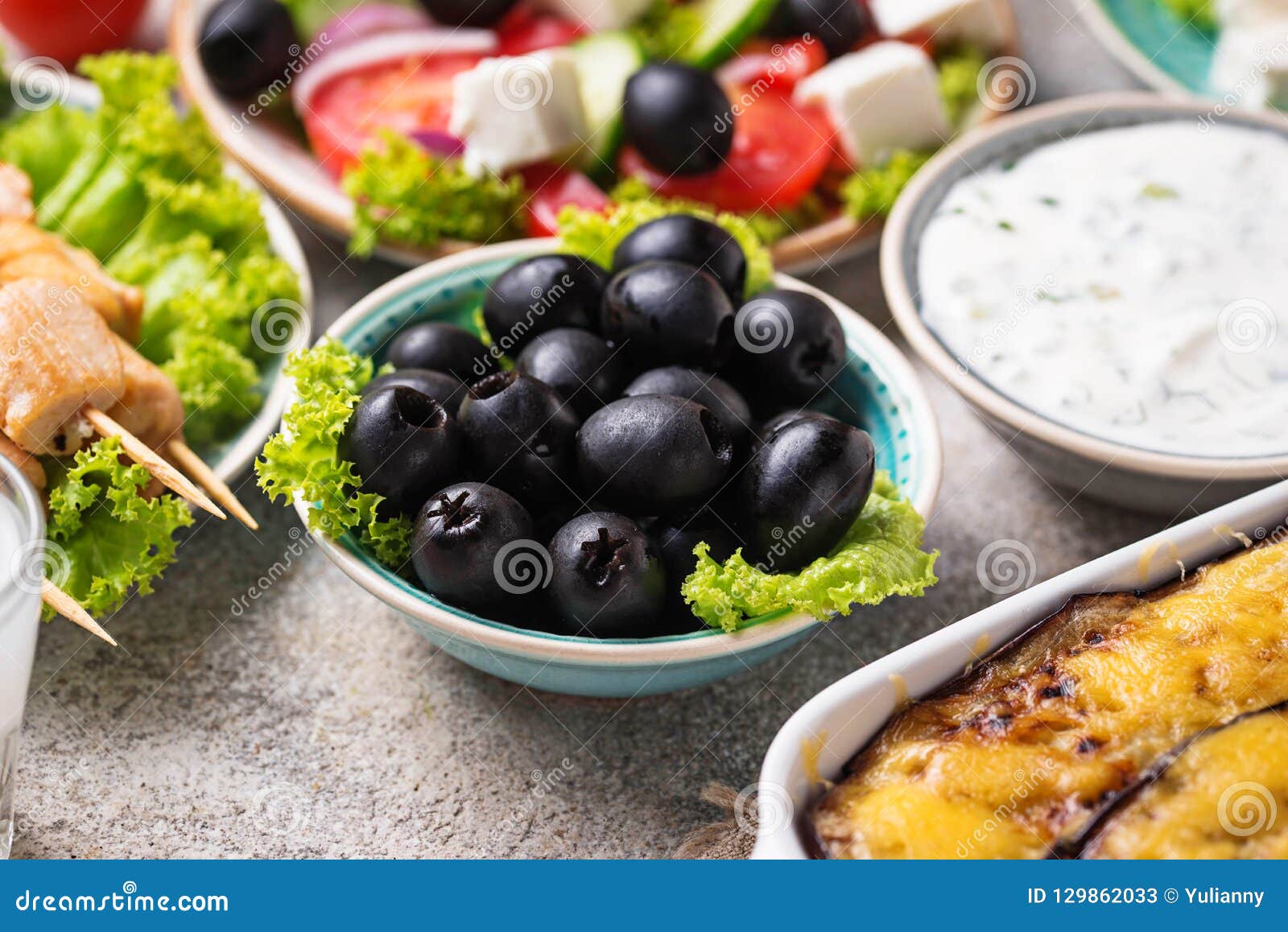 Black Olives and Traditional Greek Dishes Stock Image - Image of salad