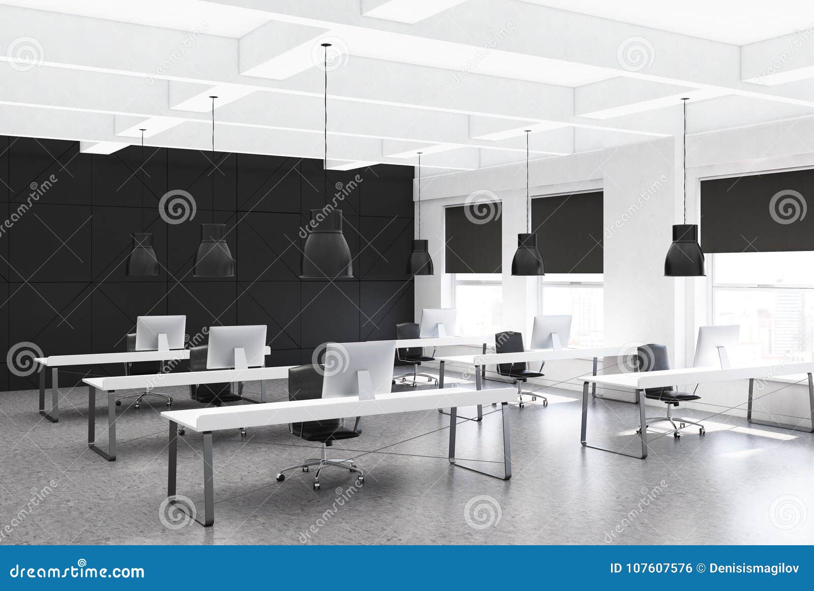 Black Open Space Office Corner Rows Of Desks Stock Illustration