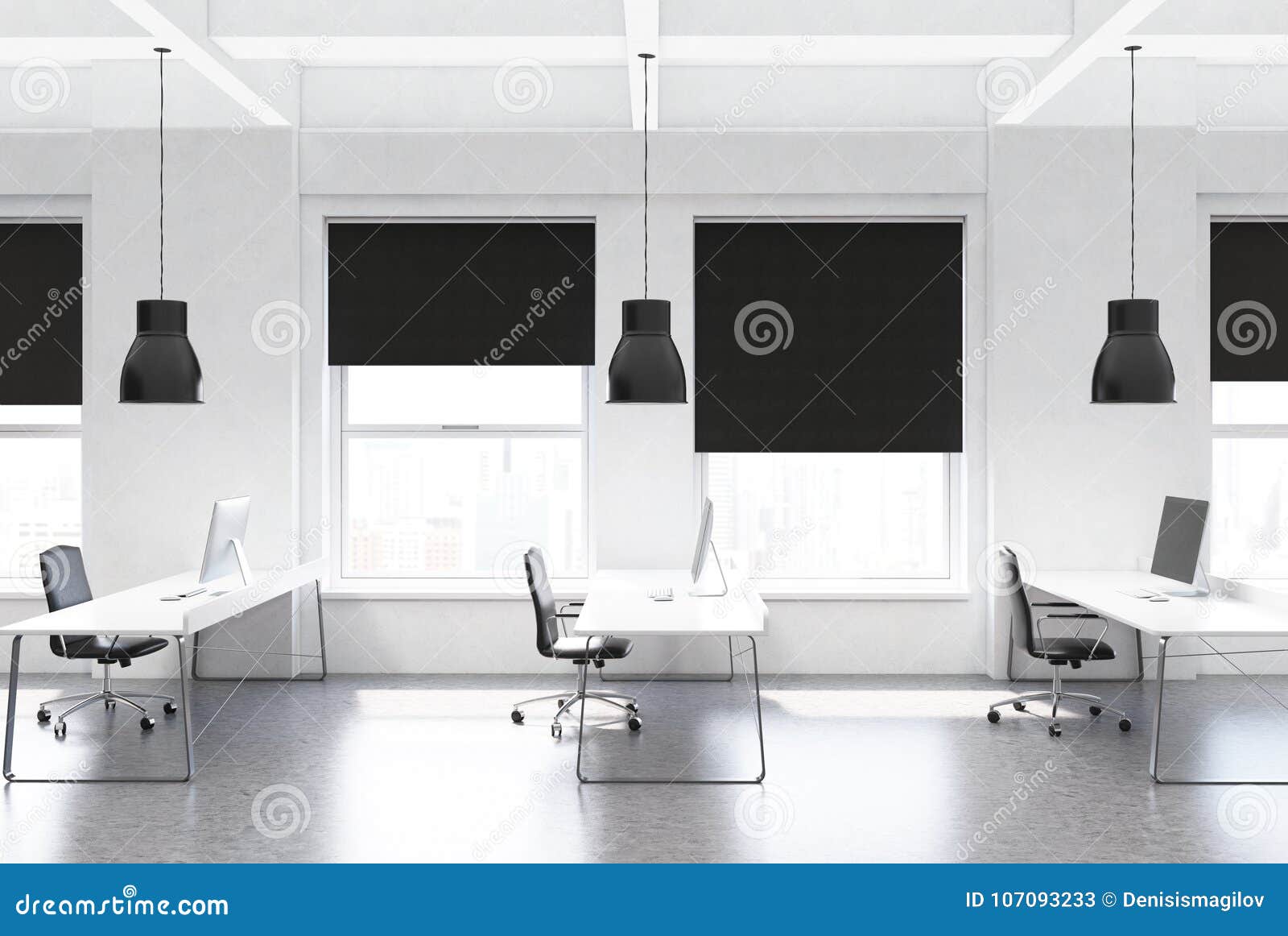 Black Open Space Office Rows Of Desks Side Stock Illustration