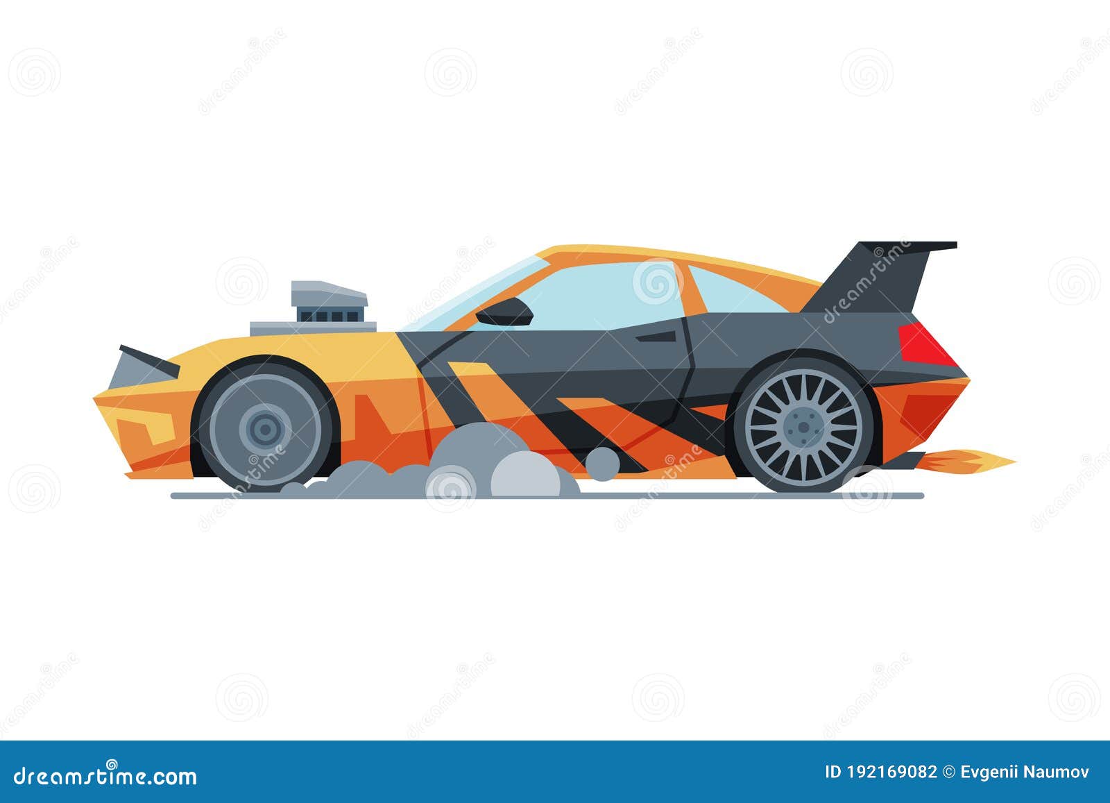 black and orange sport racing car, side view, fast motor racing bolid  