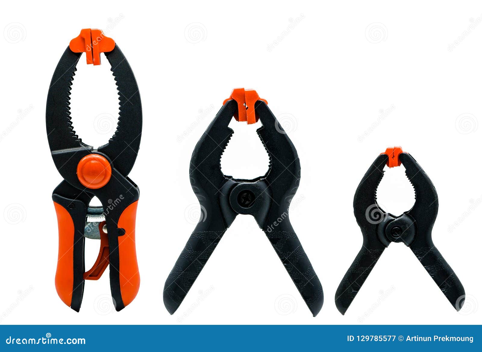 Black and Orange Spring Clamp Isolated on White Background. Set of