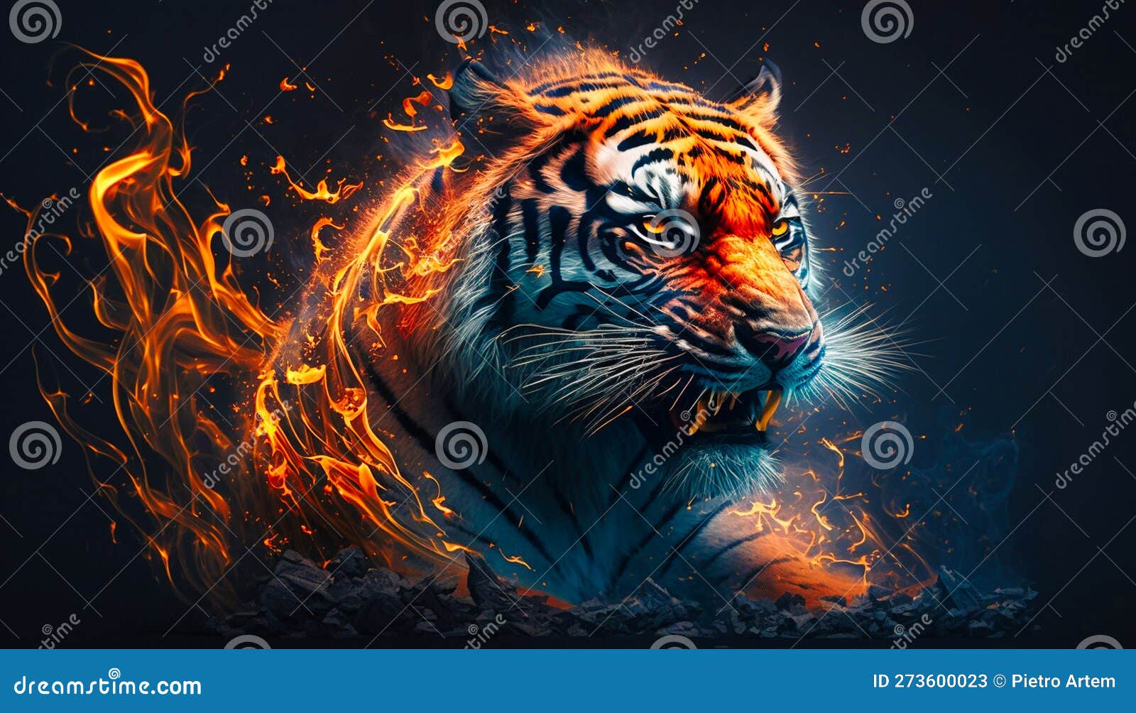 Tiger roar red fire and smoke background. Generative AI Stock Illustration