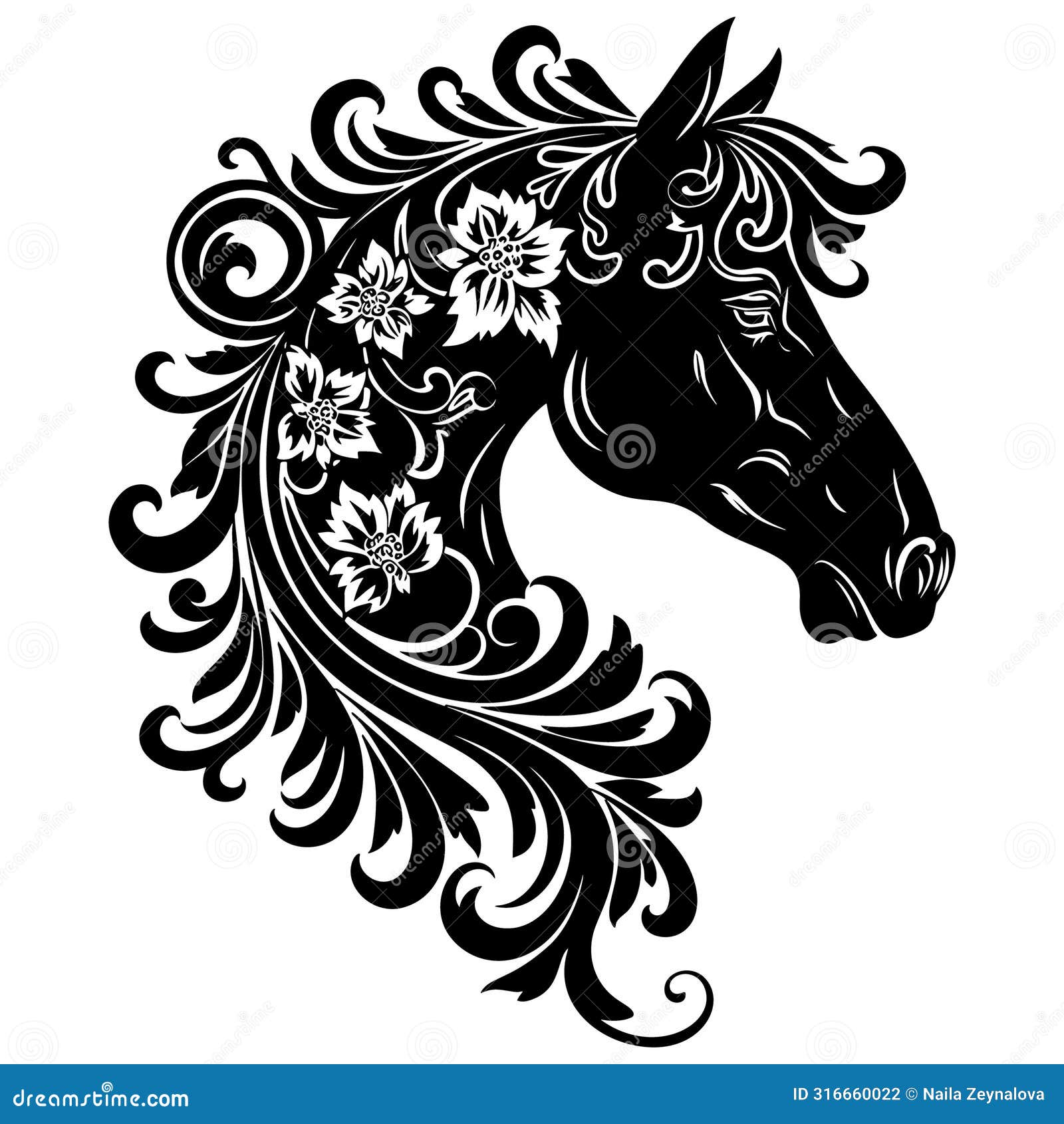 black ornamental horse head silhouette with vintage flowers leaves, beautiful mane on white background. patterned  horse.