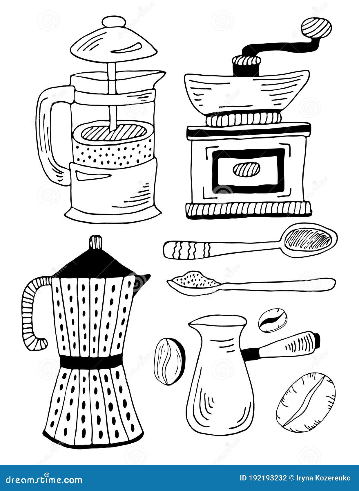 black outline art - french press, gezve, geyser coffee maker and mill. s in doodle style.  hand drawn sketch