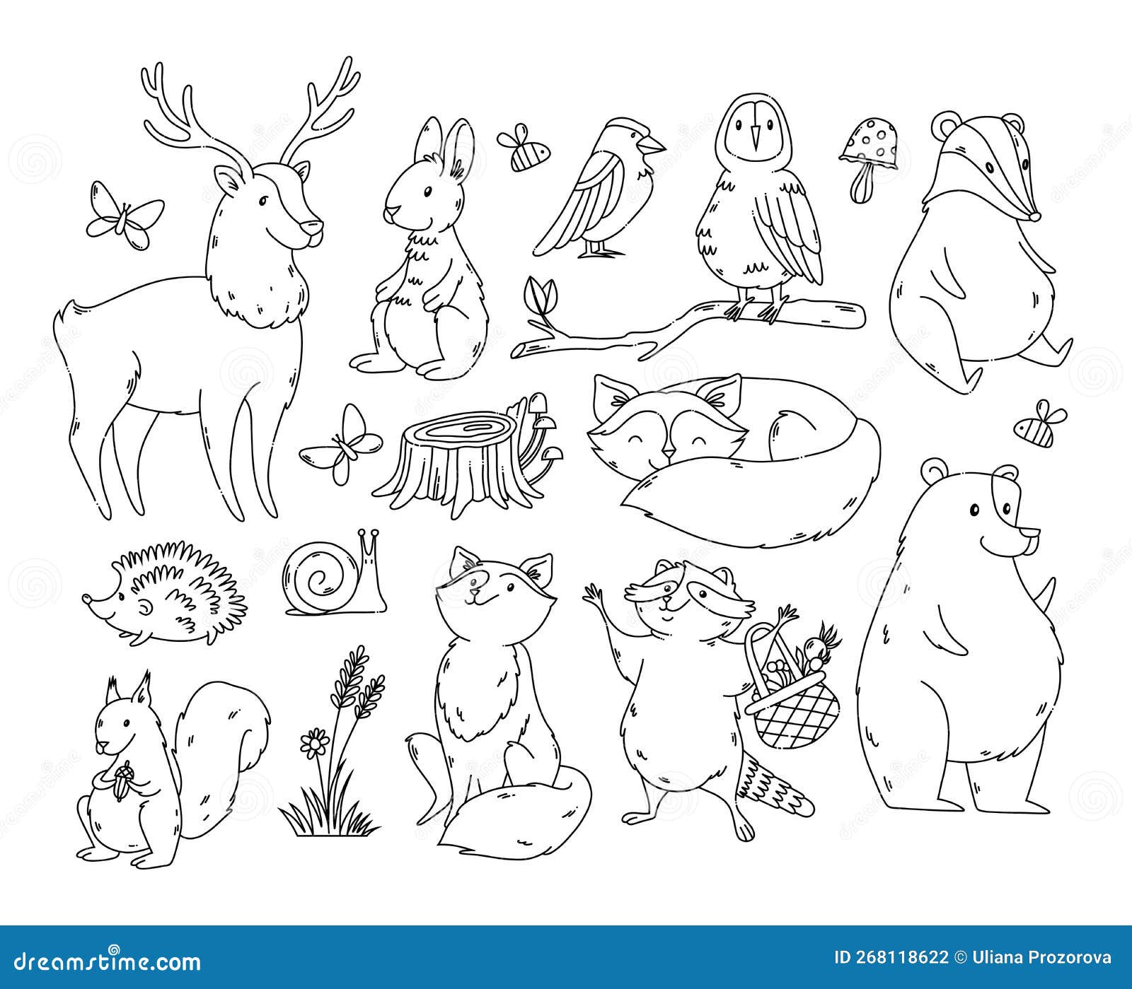 Black Outline Forest Animals and Nature Elements Isolated Clipart Set ...