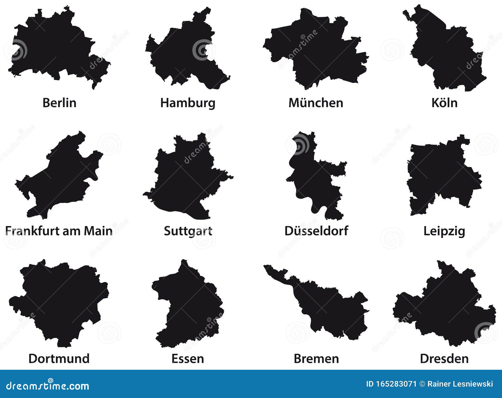black outline maps of the 12 most populous cities of the federal republic of germany