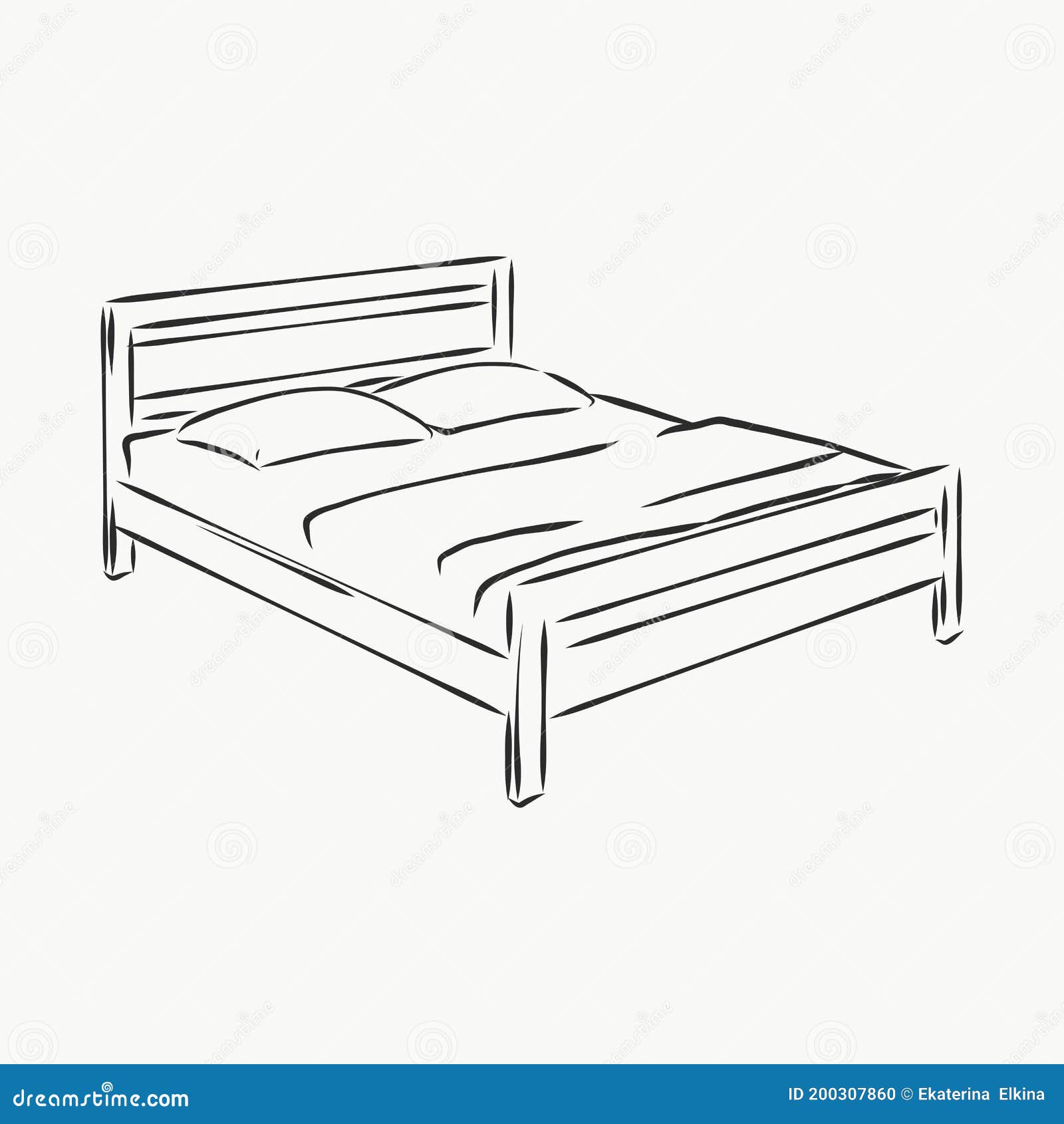 Black Outline Vector Bed on White Background. Bed, Vector Sketch