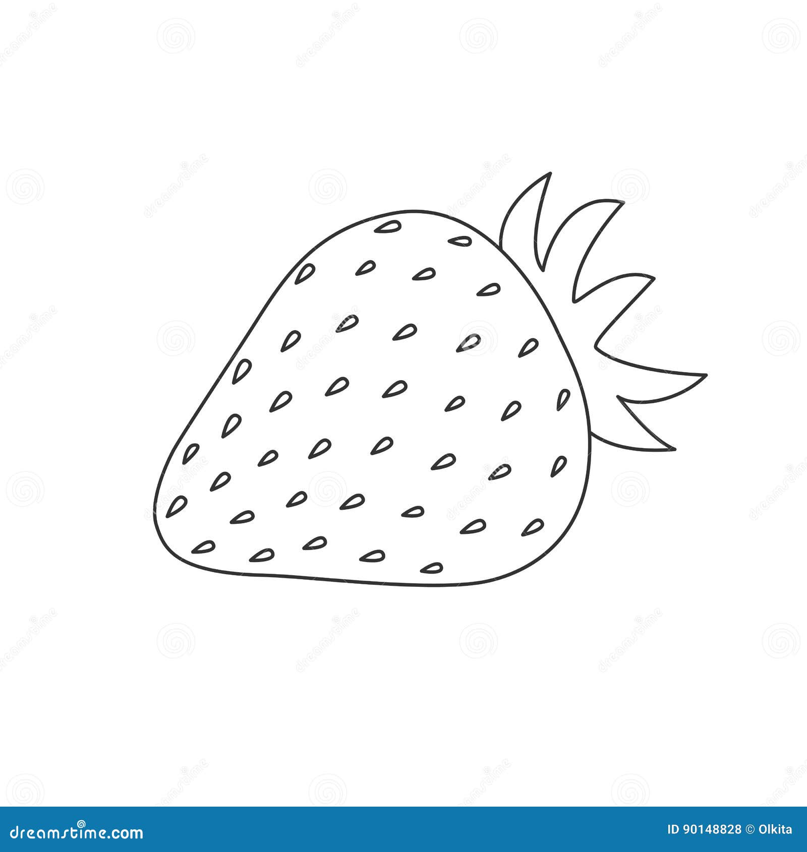Black Outlines Strawberry with Leaf on White Background. Stock