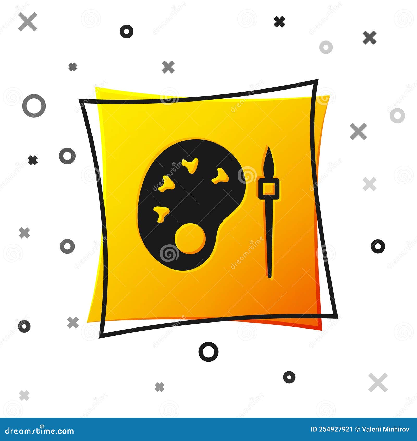 Black Paint Brush with Palette Icon Isolated on White Background. Yellow Square Button Stock