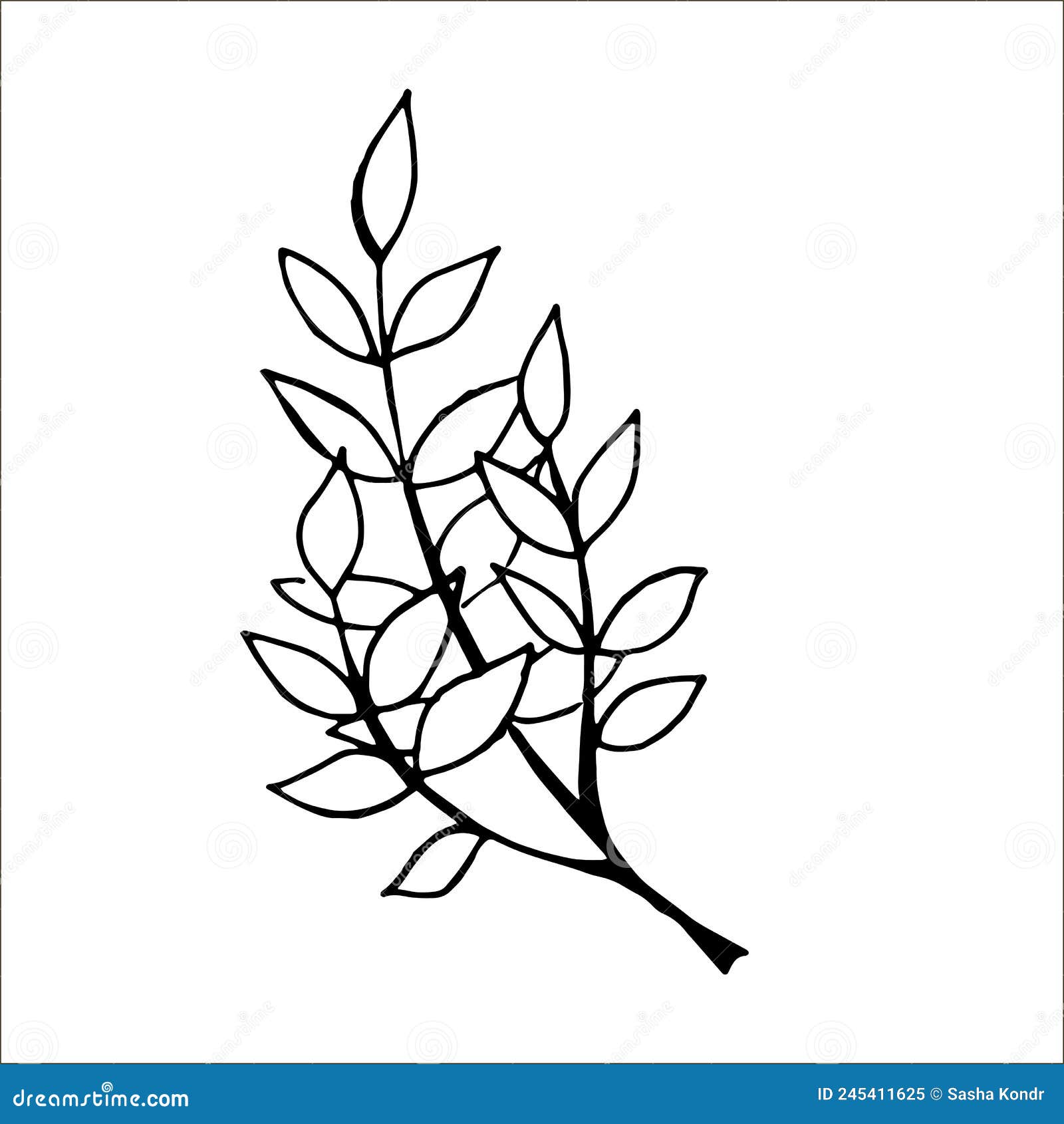 Black Painted Twigs with Leaves Outline on a White Background Stock ...