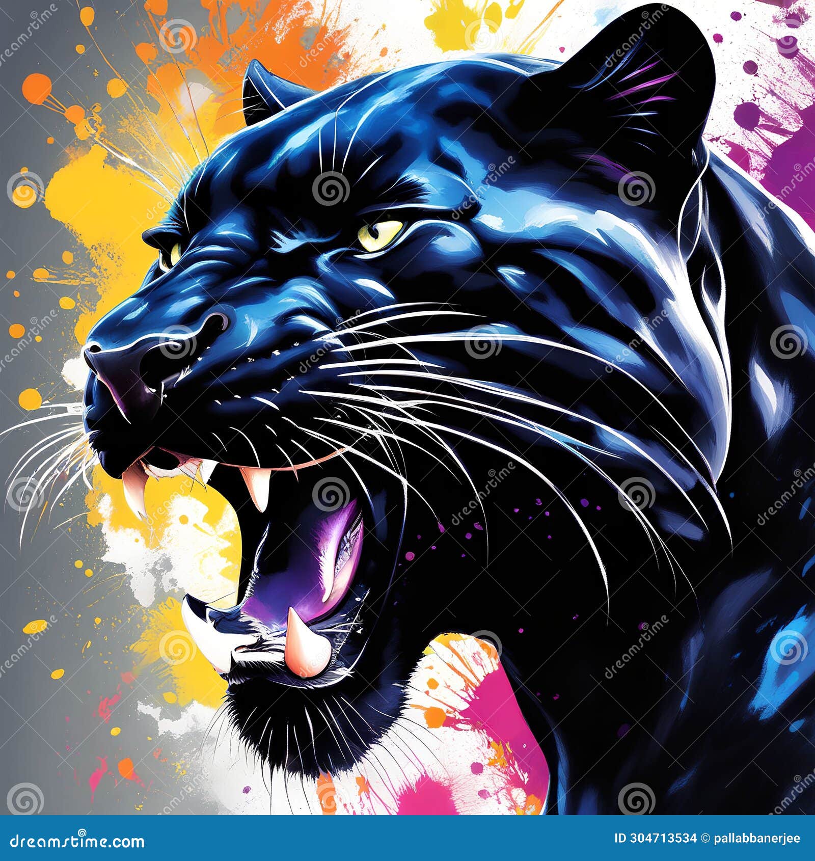 Black Panther Head on Colorful Background with Ink Splashes. Vector
