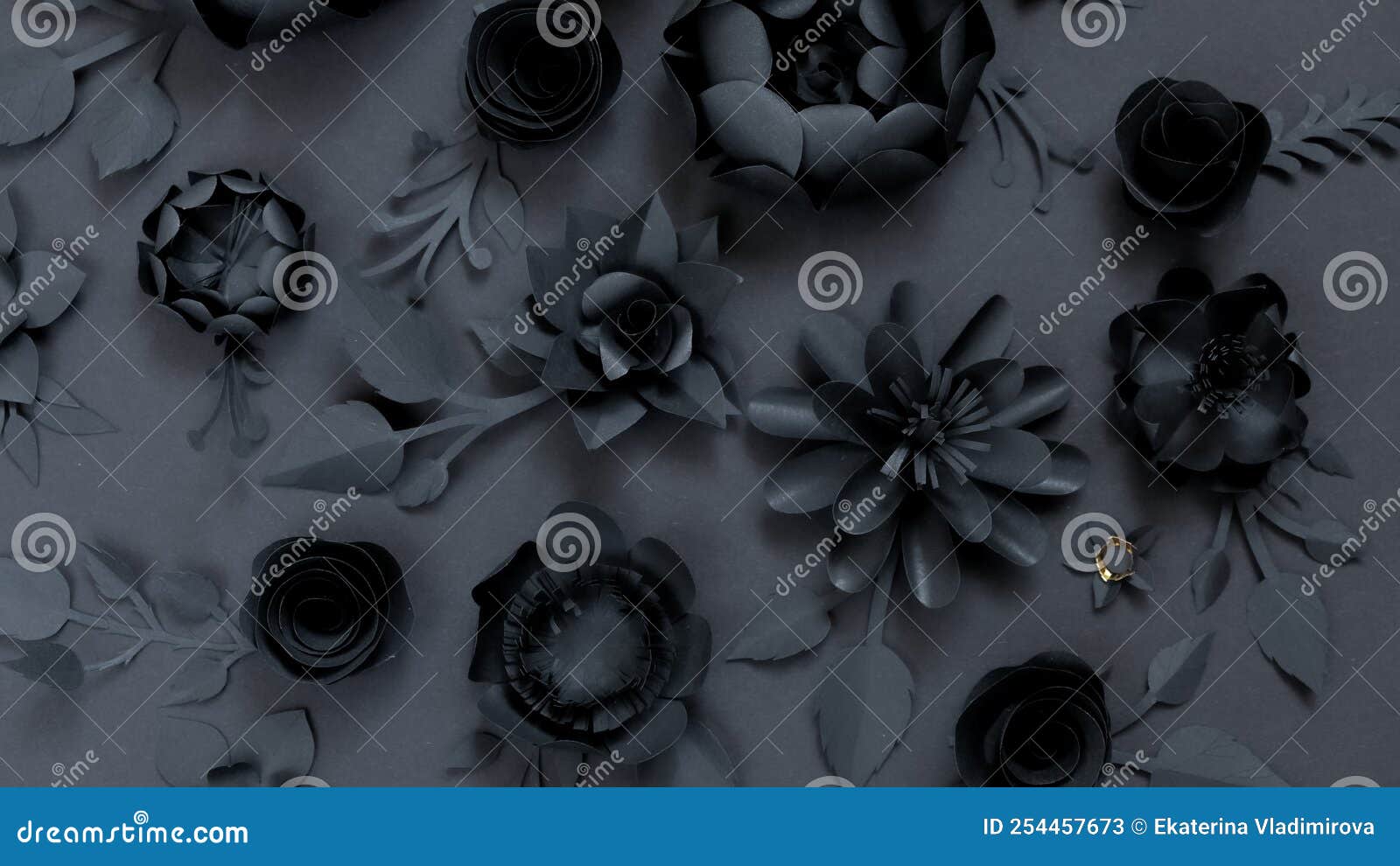 Black Paper Flowers on Black Background. Cut from Paper Stock Image
