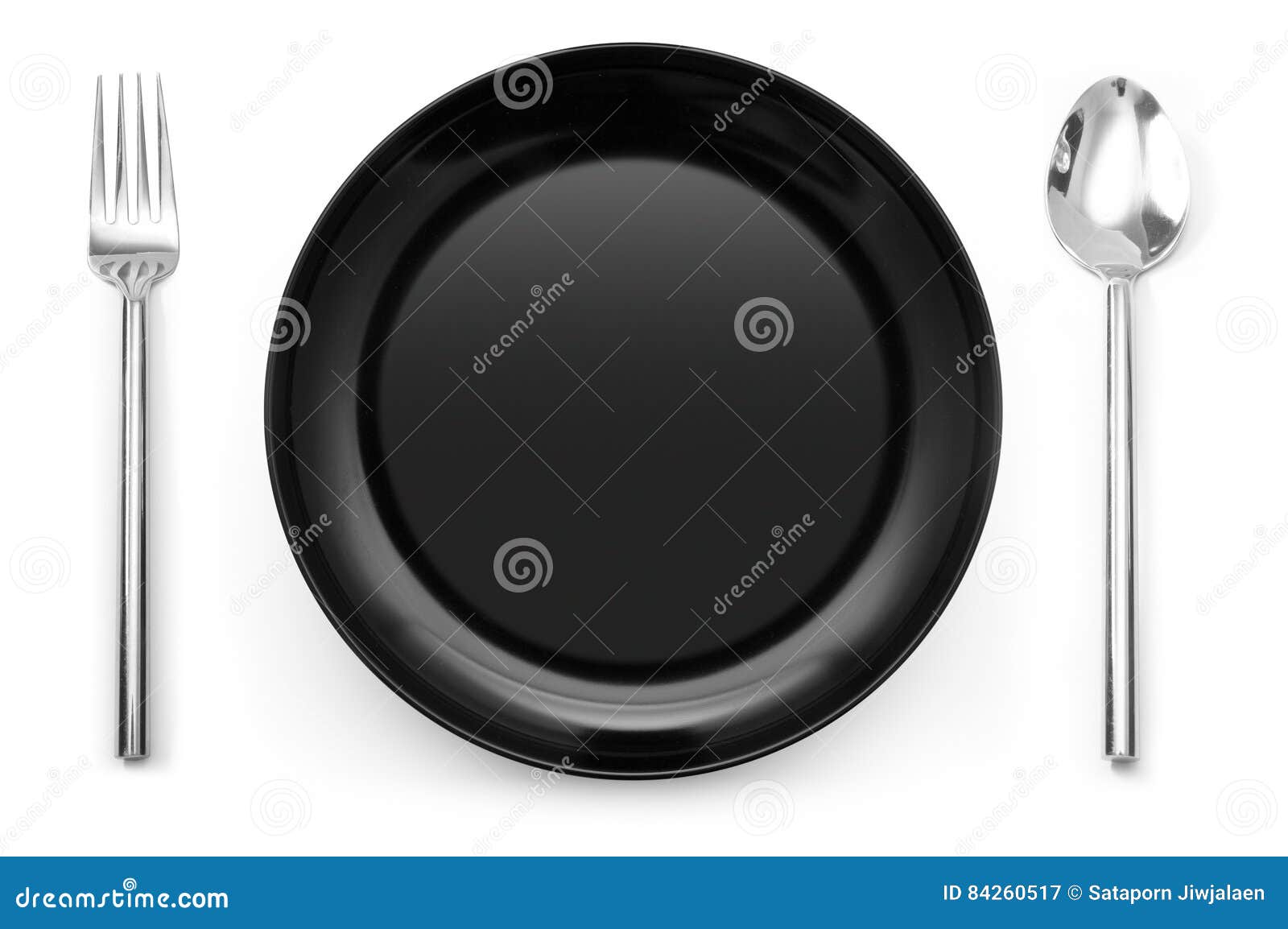 Black Place Setting with Plate Fork and Spoon Stock Image Image of