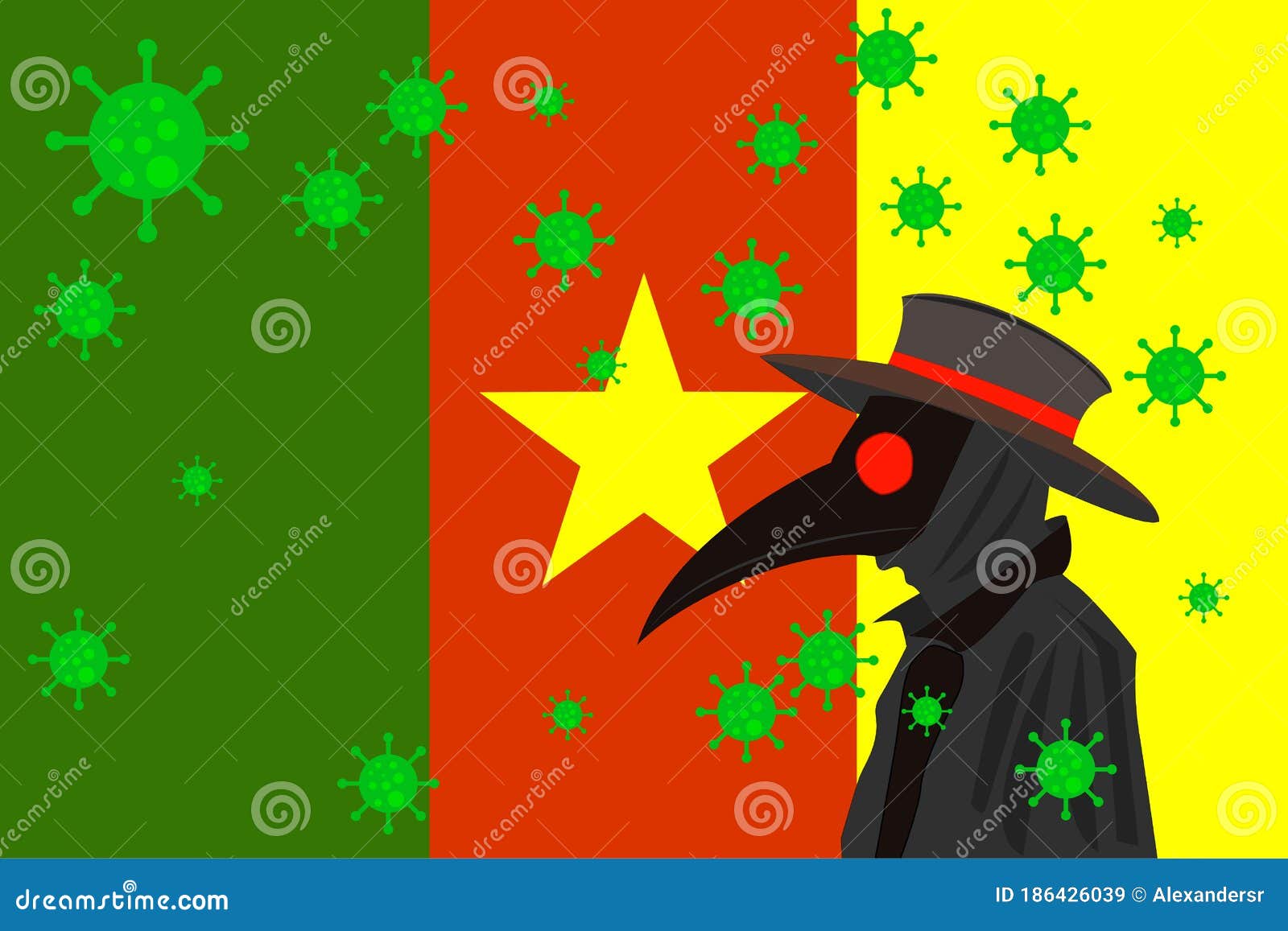 black plague doctor surrounded by viruses with copy space with camerun flag
