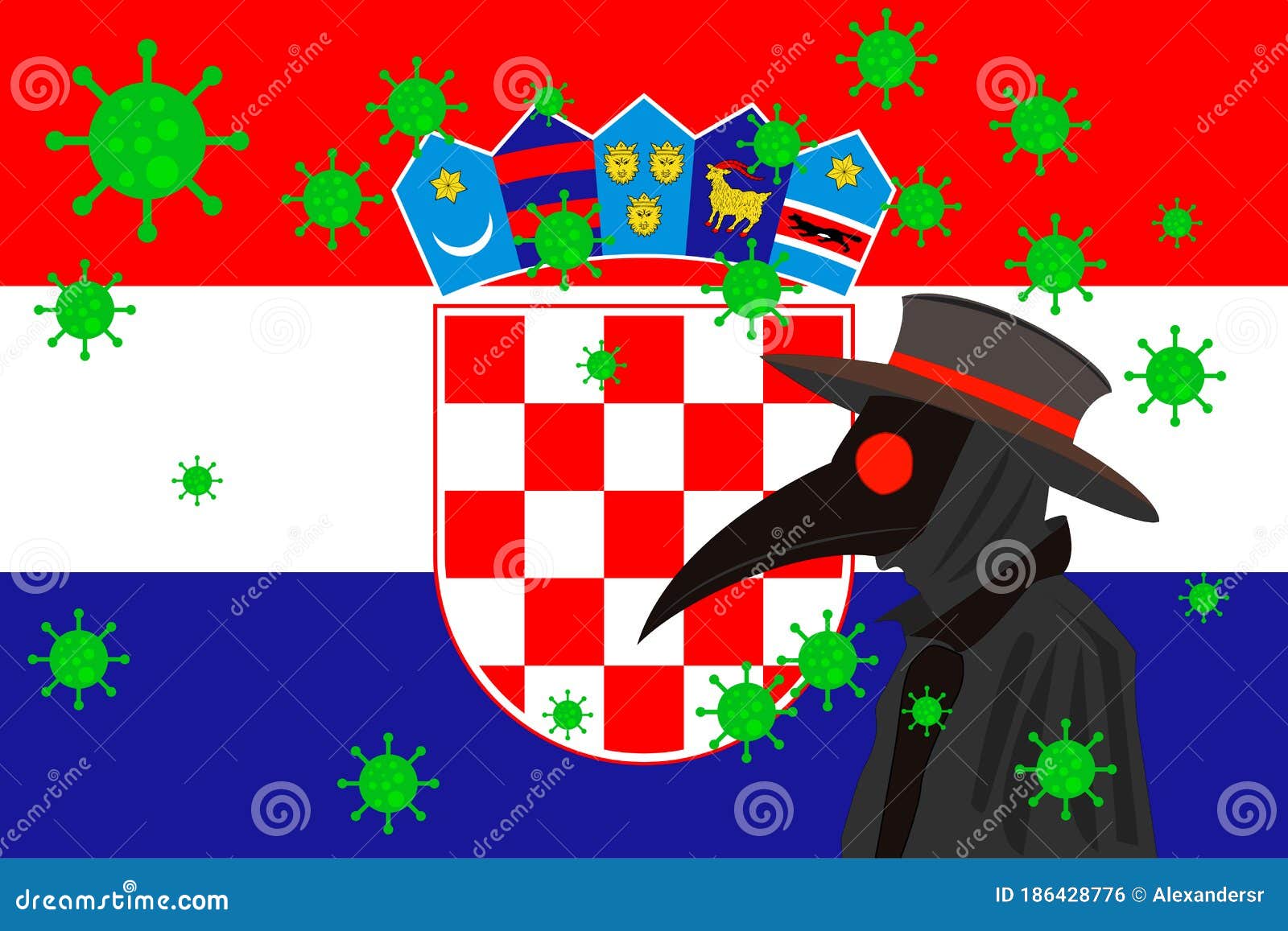 black plague doctor surrounded by viruses with copy space with croacia flag