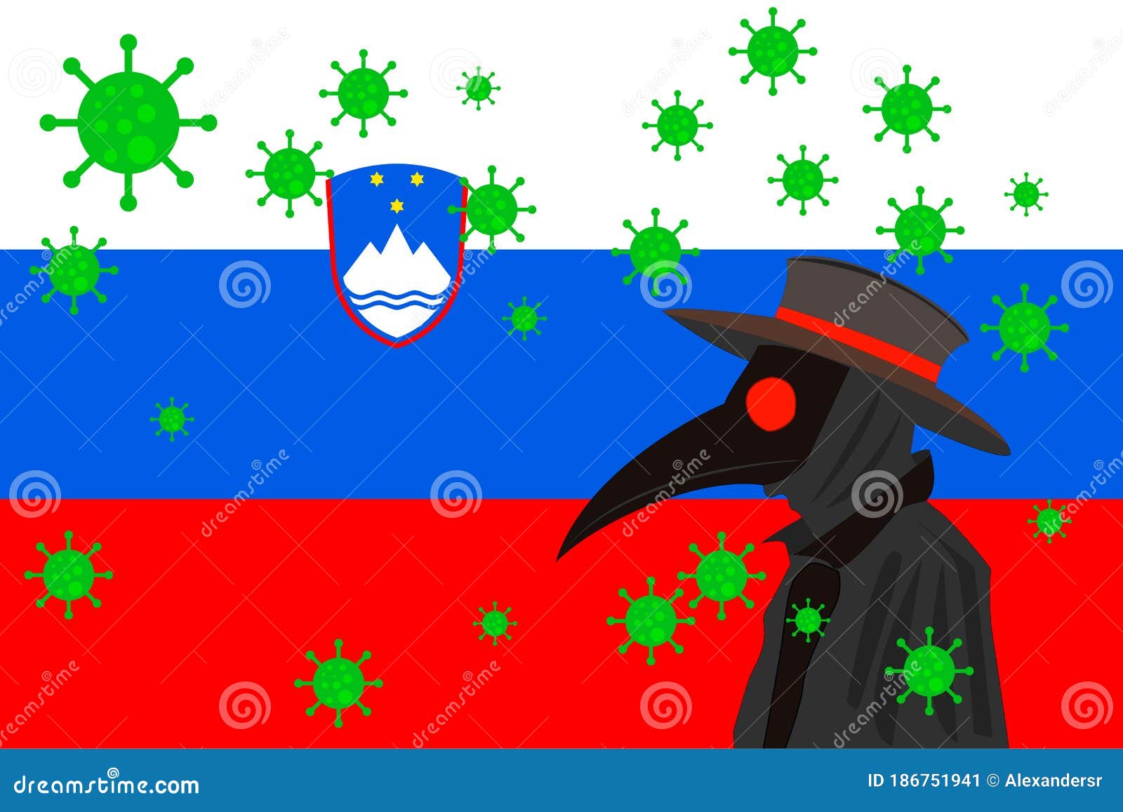 black plague doctor surrounded by viruses with copy space with eslovenia flag