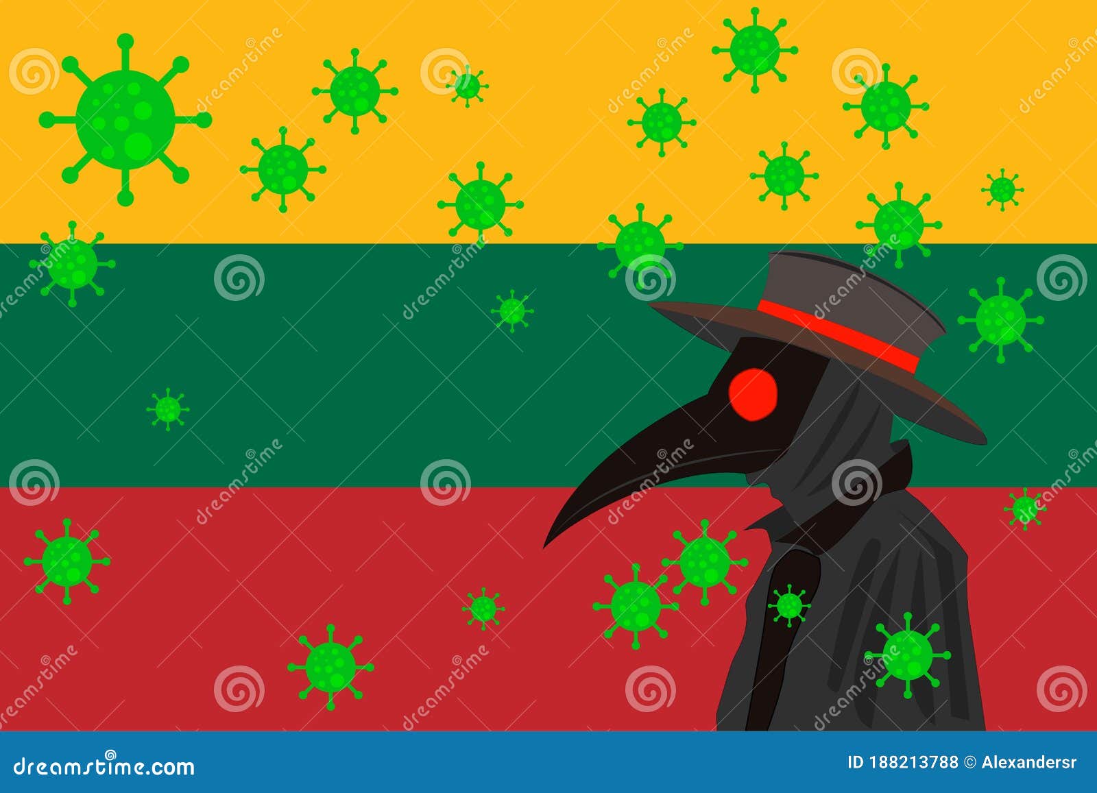 black plague doctor surrounded by viruses with copy space with lituania flag