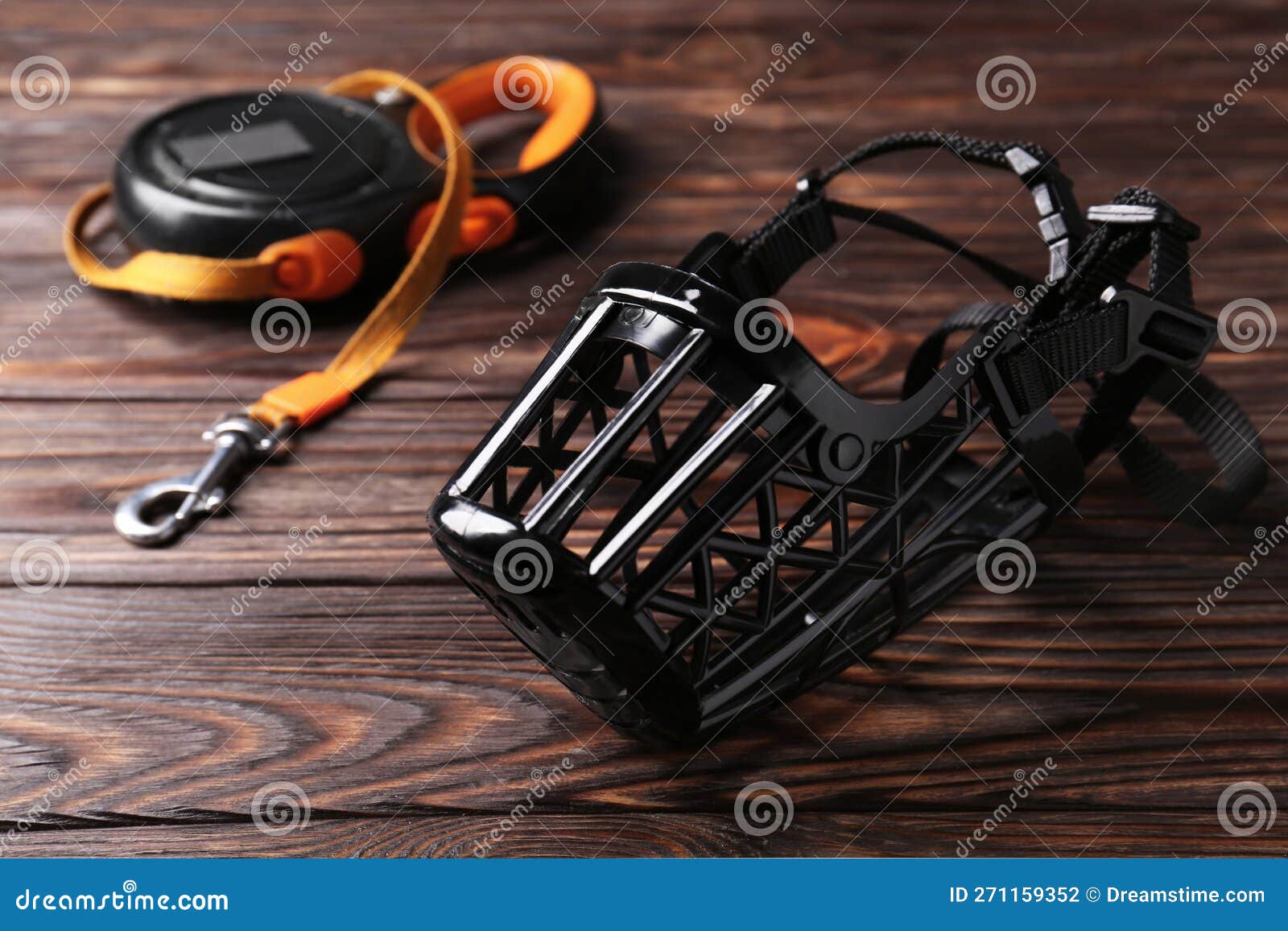 Black Plastic Dog Muzzle and Leash on Wooden Table Stock Photo Image