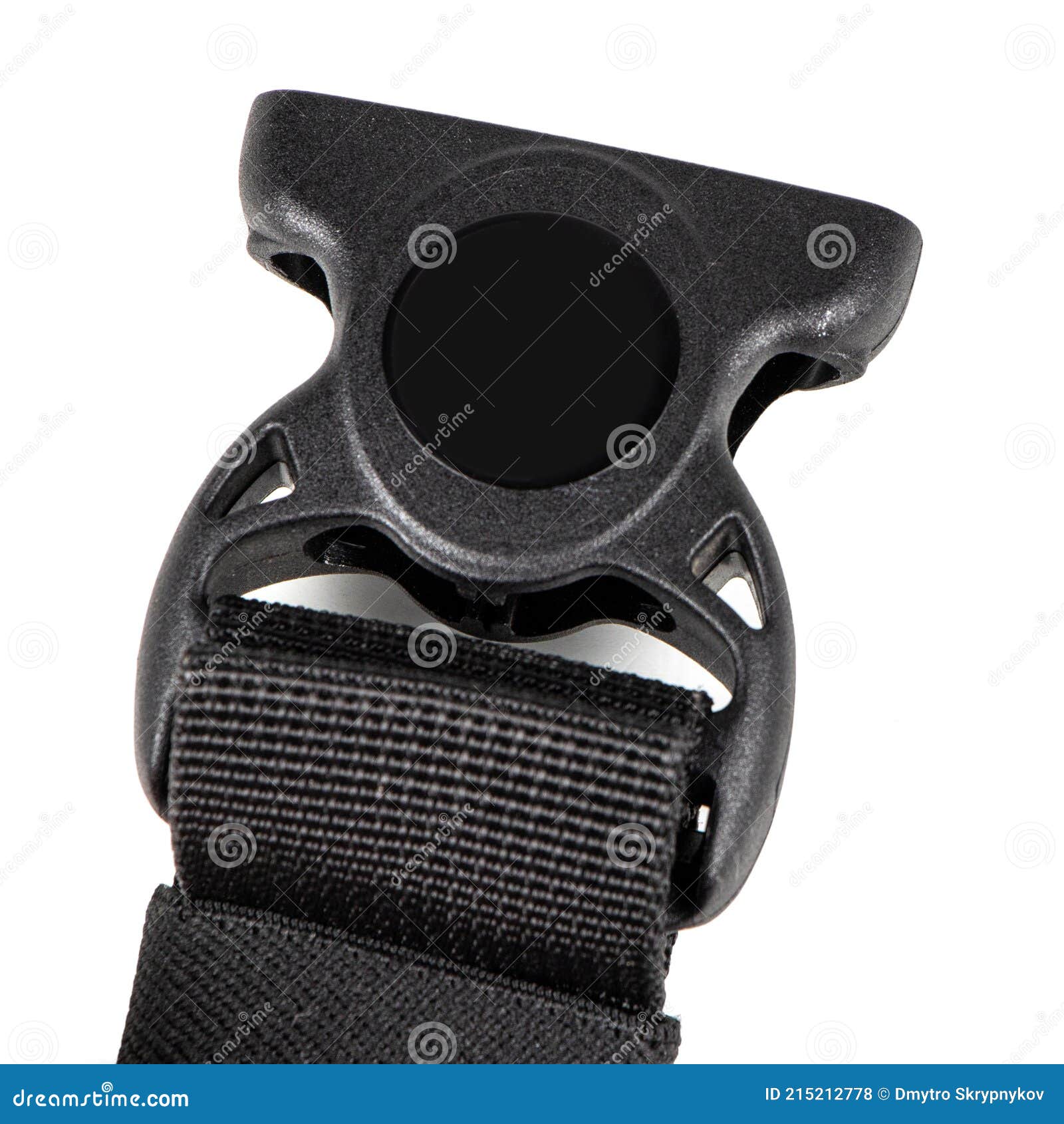 Black Plastic Fastex Clip for Backpacks on a White Background. Items of