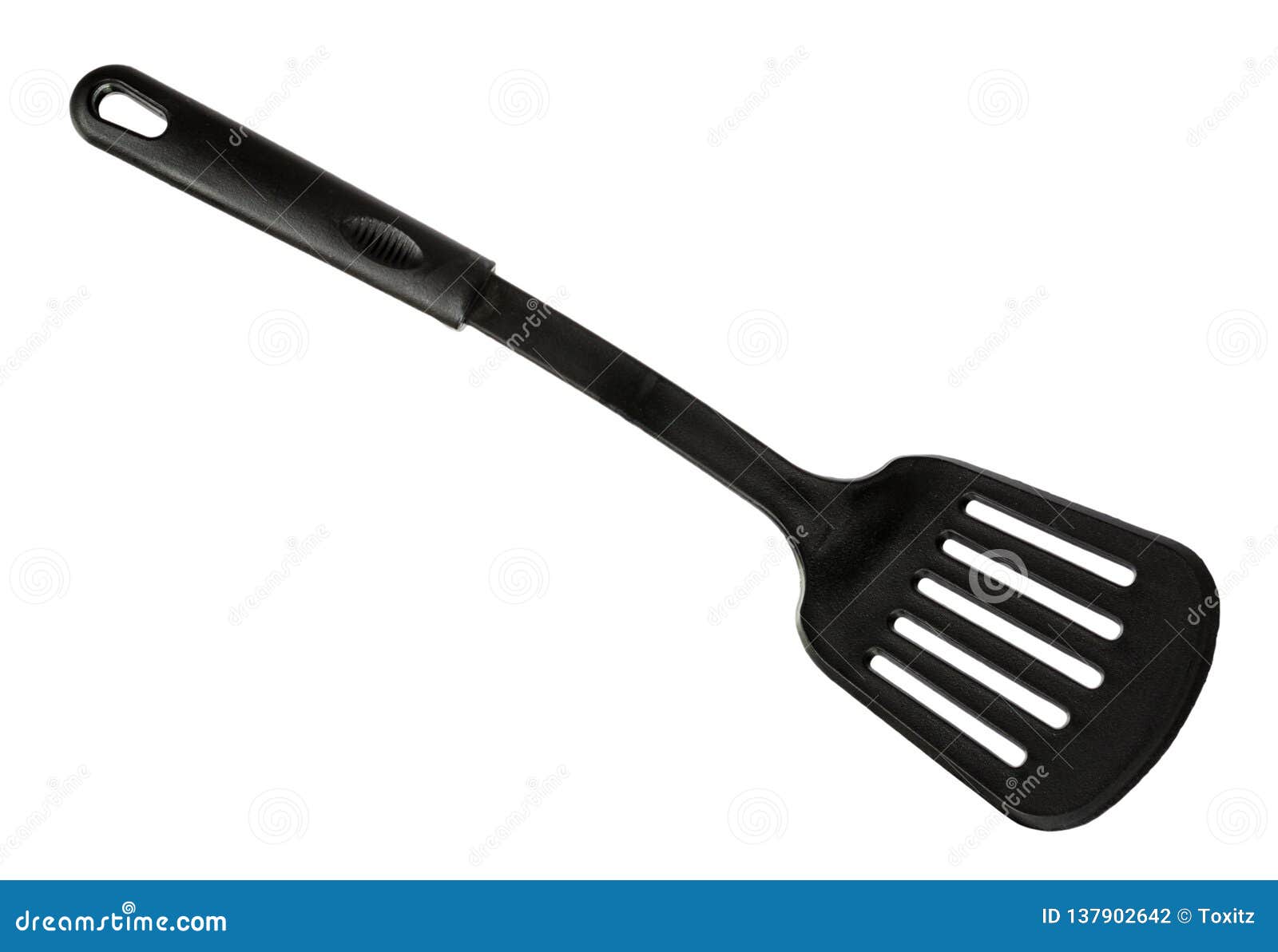 Black Plastic Kitchen Spatula, Kitchenware for Cooking. Isolated Stock