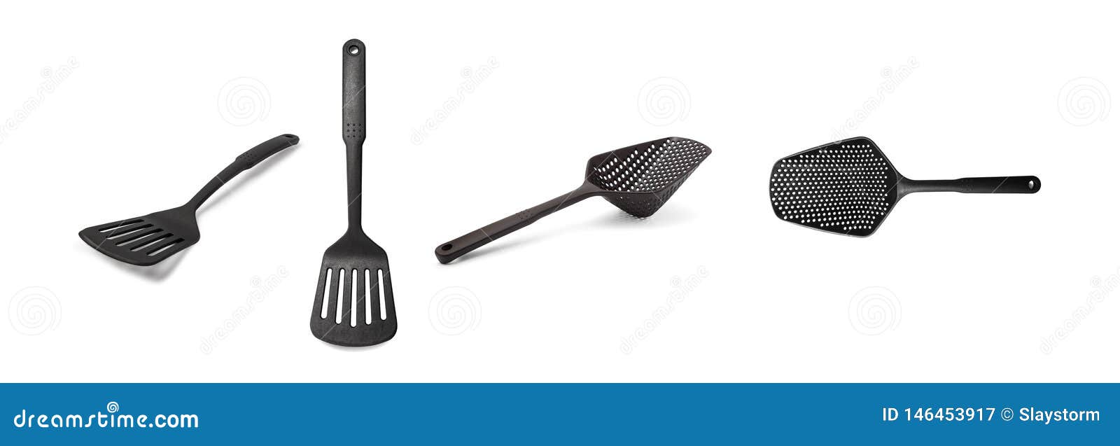 Black Plastic Kitchen Utensils Isolated on a White Background Stock