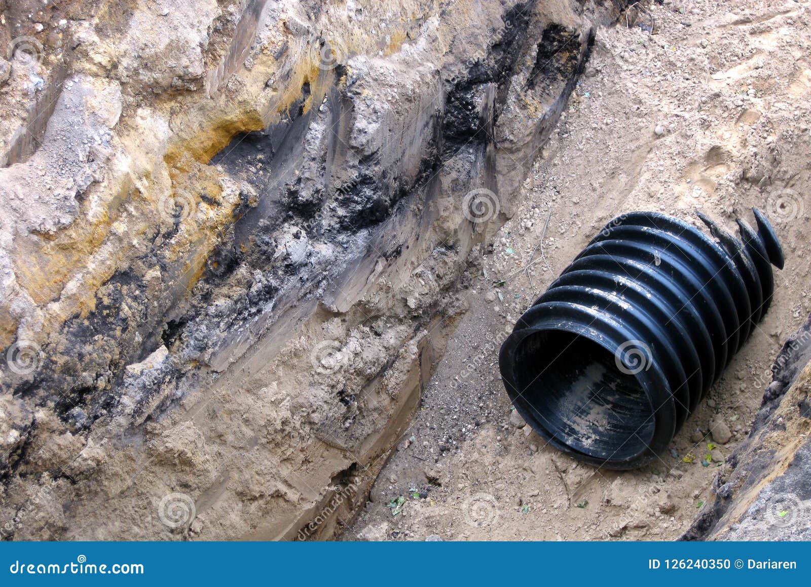 Black Plastic Pipe Under the Ground. Stock Photo Image of prevention