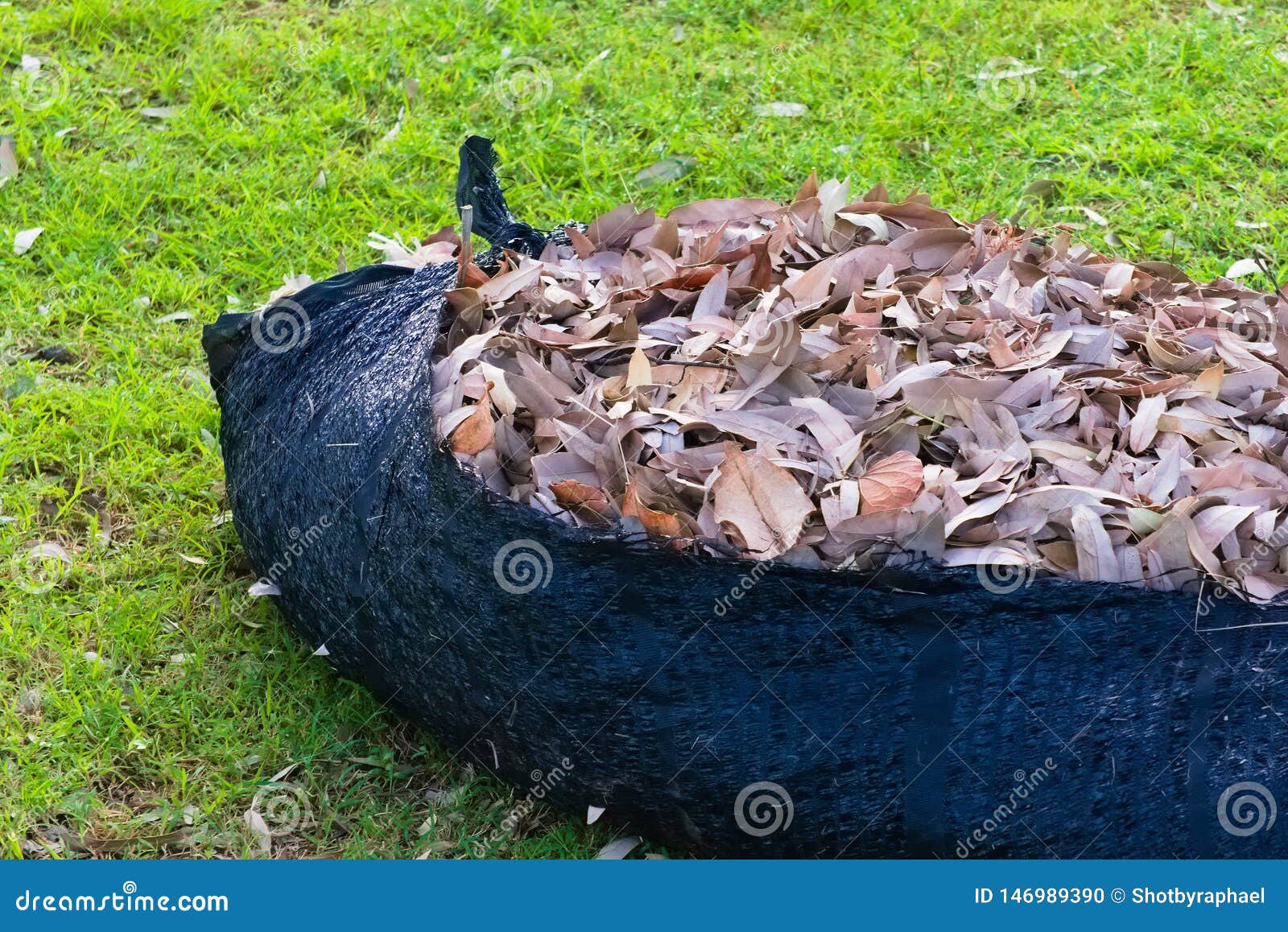 A Black Plastic Weaved Tarp Filled With Brown Decaying Leaves