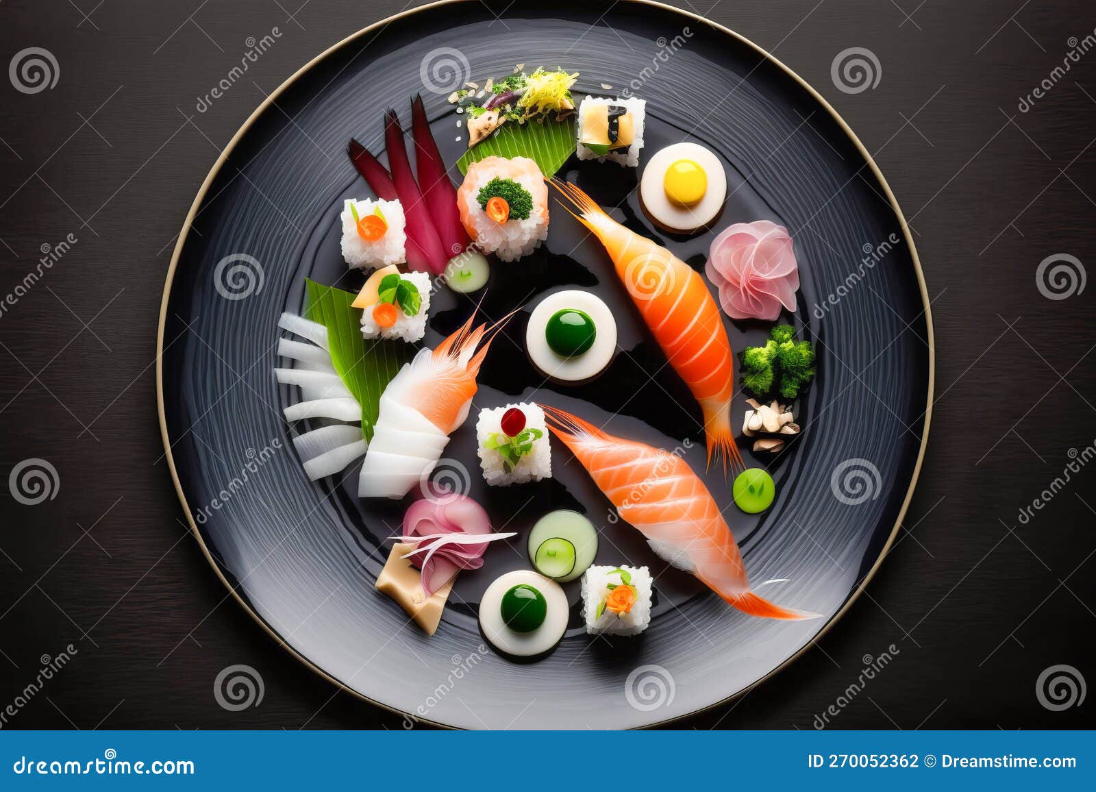Black Plate with Sushi and Other Food on it. Generative AI Stock