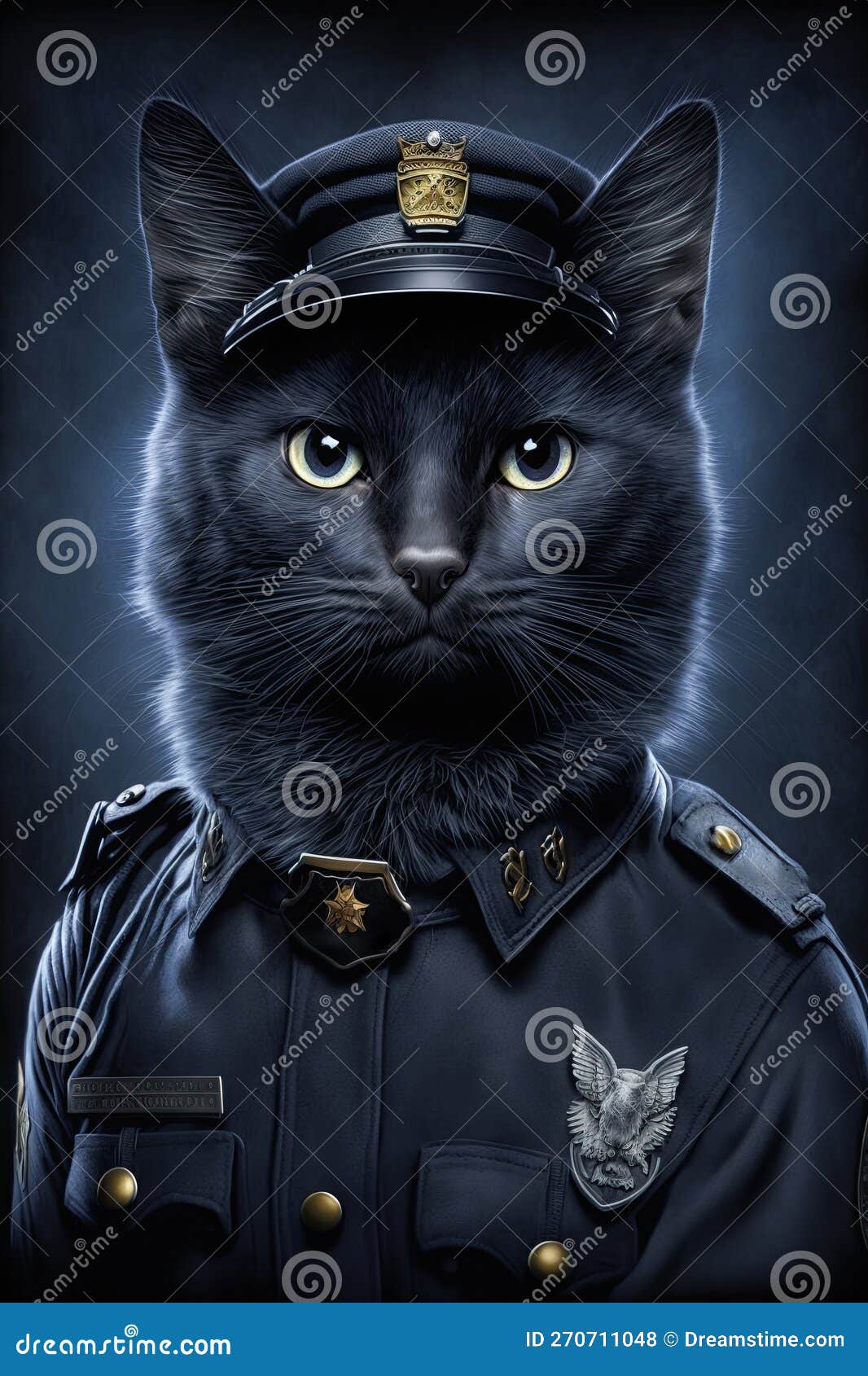 Black Police Cat in Officer Uniform Stock Illustration
