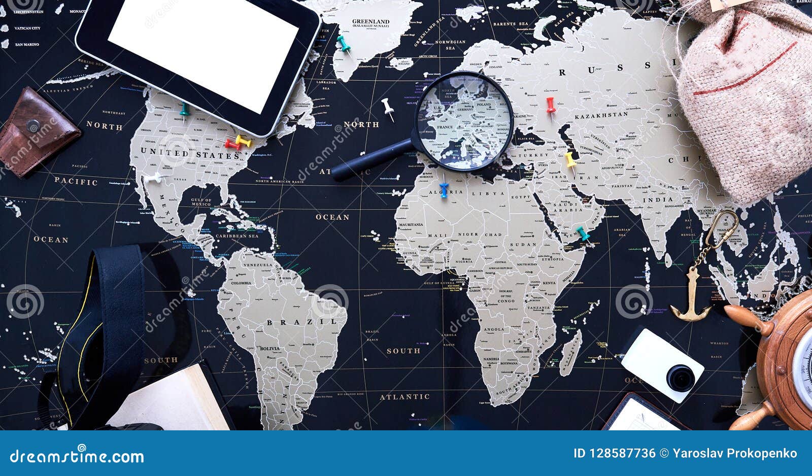 Black Political Map of the World. Still Life of a Traveler Stock Photo ...