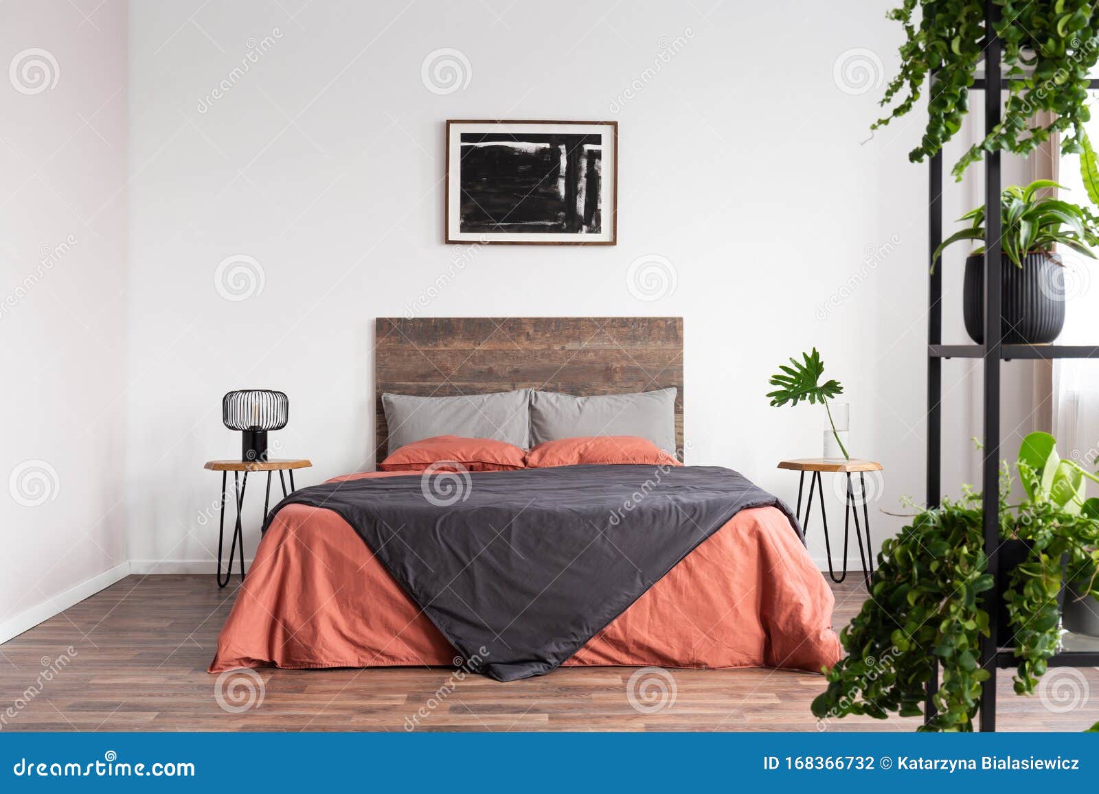 Black Poster On The White Wall Of Bedroom Interior With King Size Bed With Wooden Headboard Stock Photo Image Of Headboard Bedroom 168366732