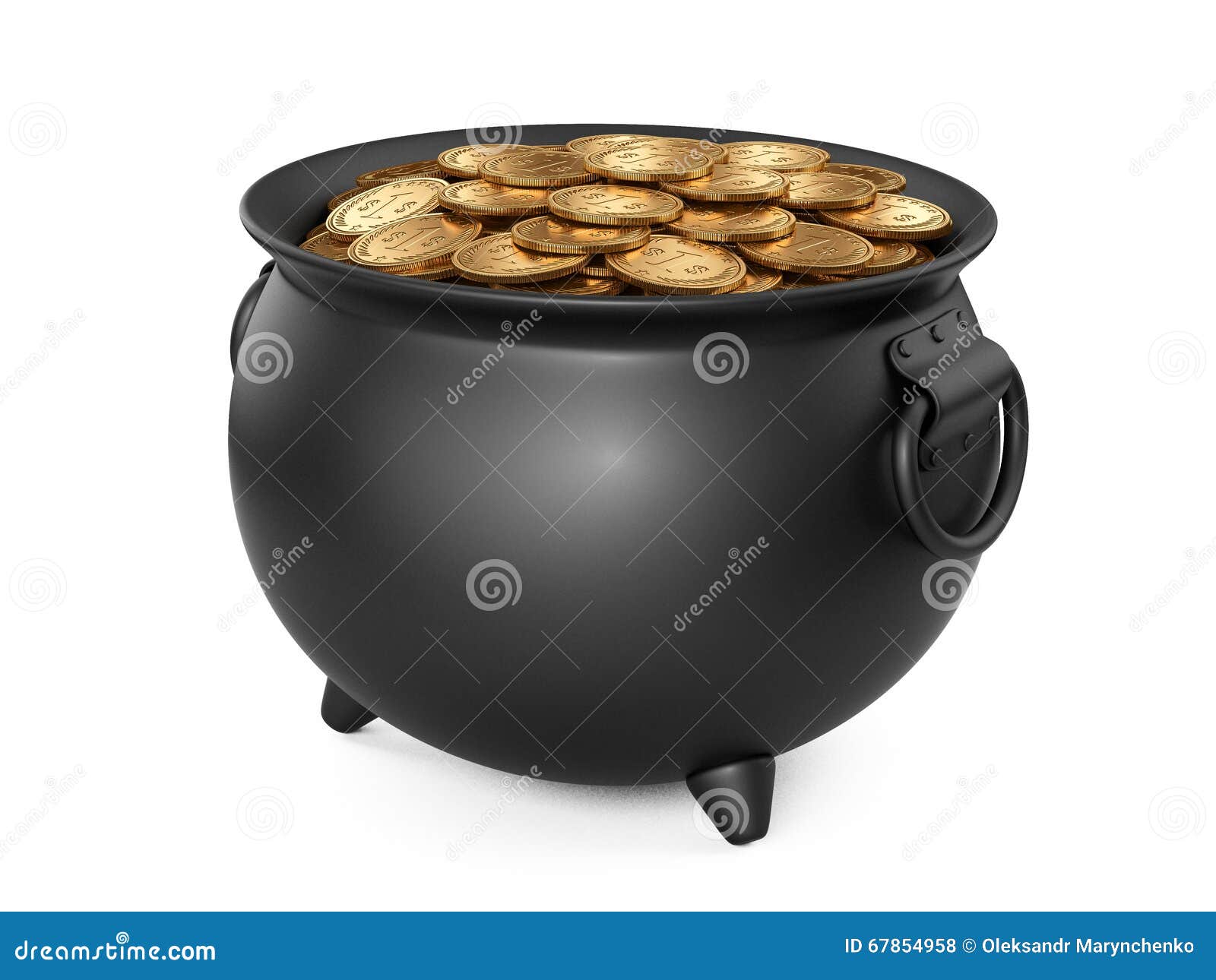 Black Pot of Gold. Cauldron Full of Coins. Stock Illustration