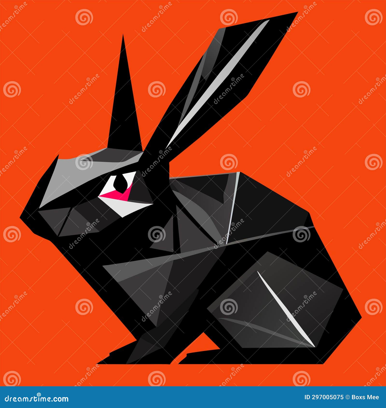 Black Rabbit with Red Eyes in a Low Poly Style on a Red Background