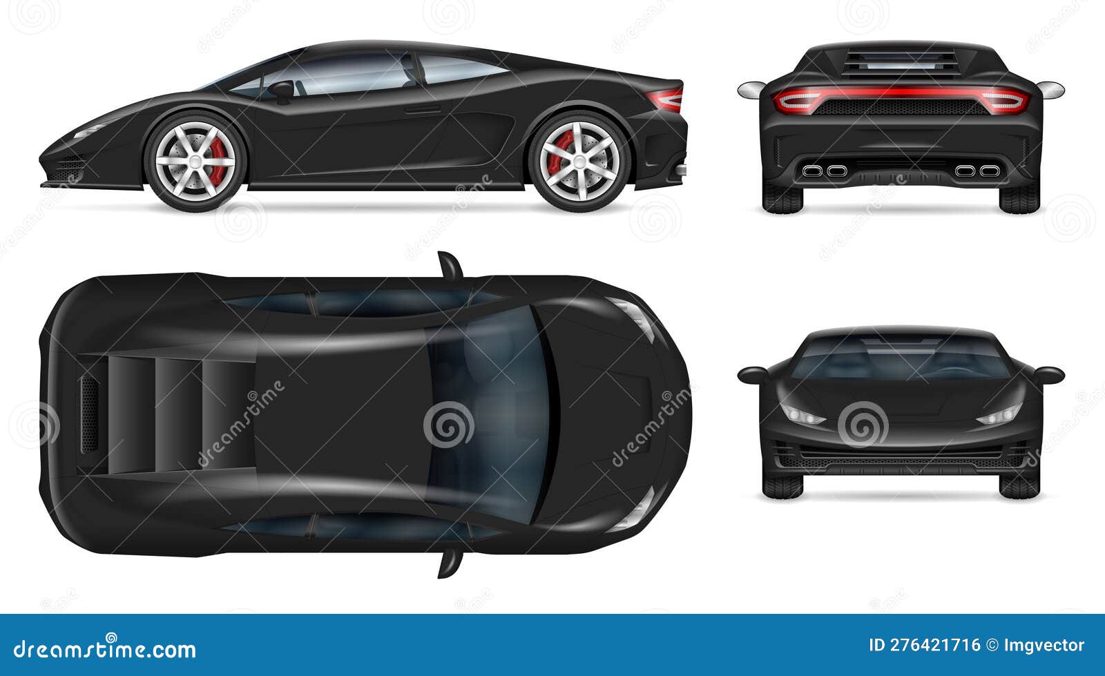 black race car  mockup.  vehicle template side, front, back, top view