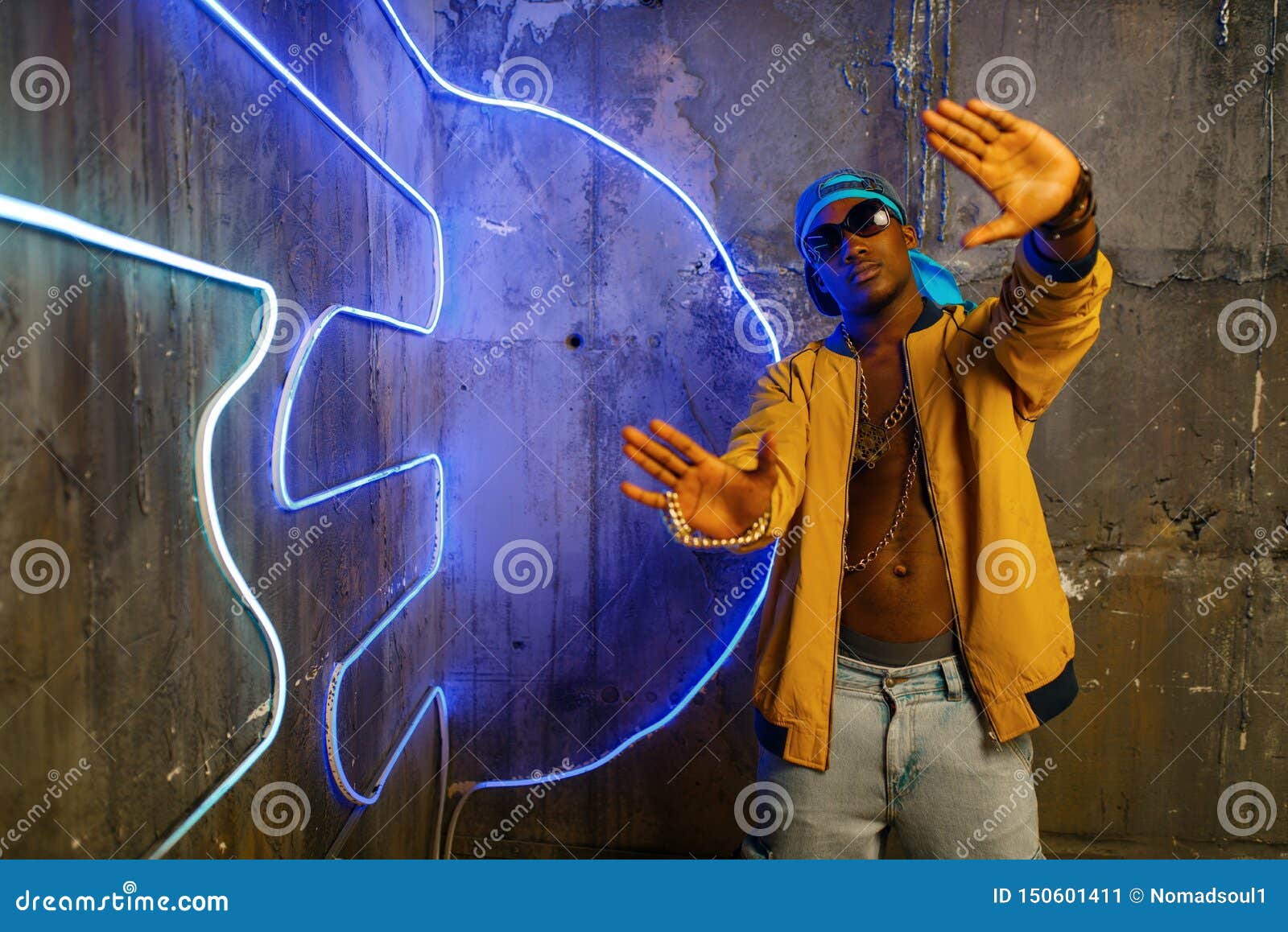 Black Rapper in Underpass Neon Light on Background Stock Image - Image ...