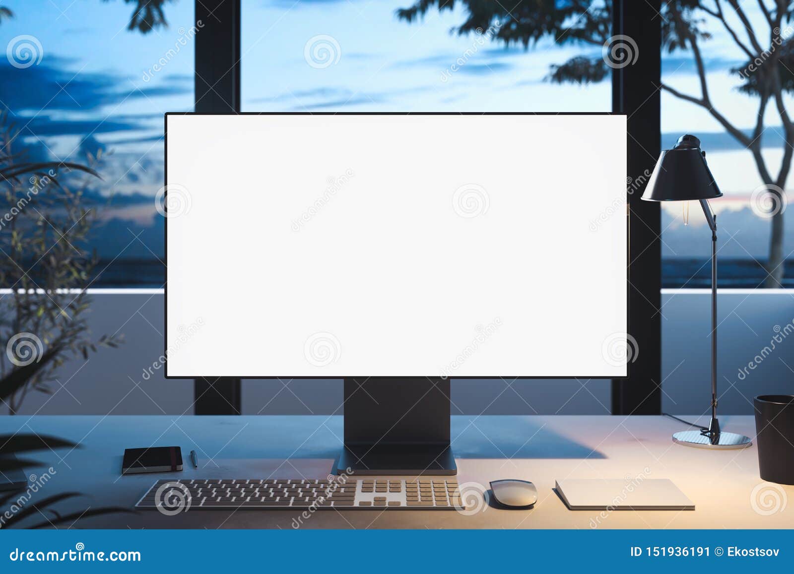 Black Realistic Pc With Big Blank White Monitor With Big Windows