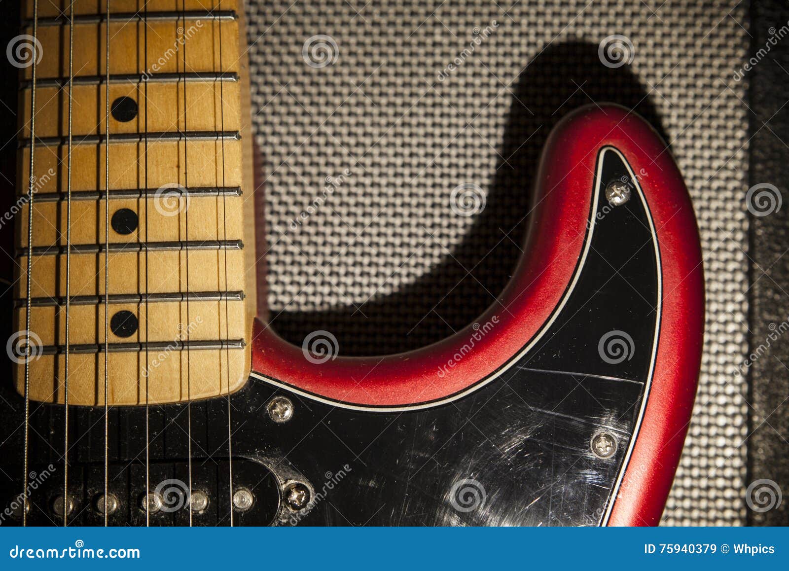 Black and Red Electric Guitar Over Amplifier Device Stock Image Image