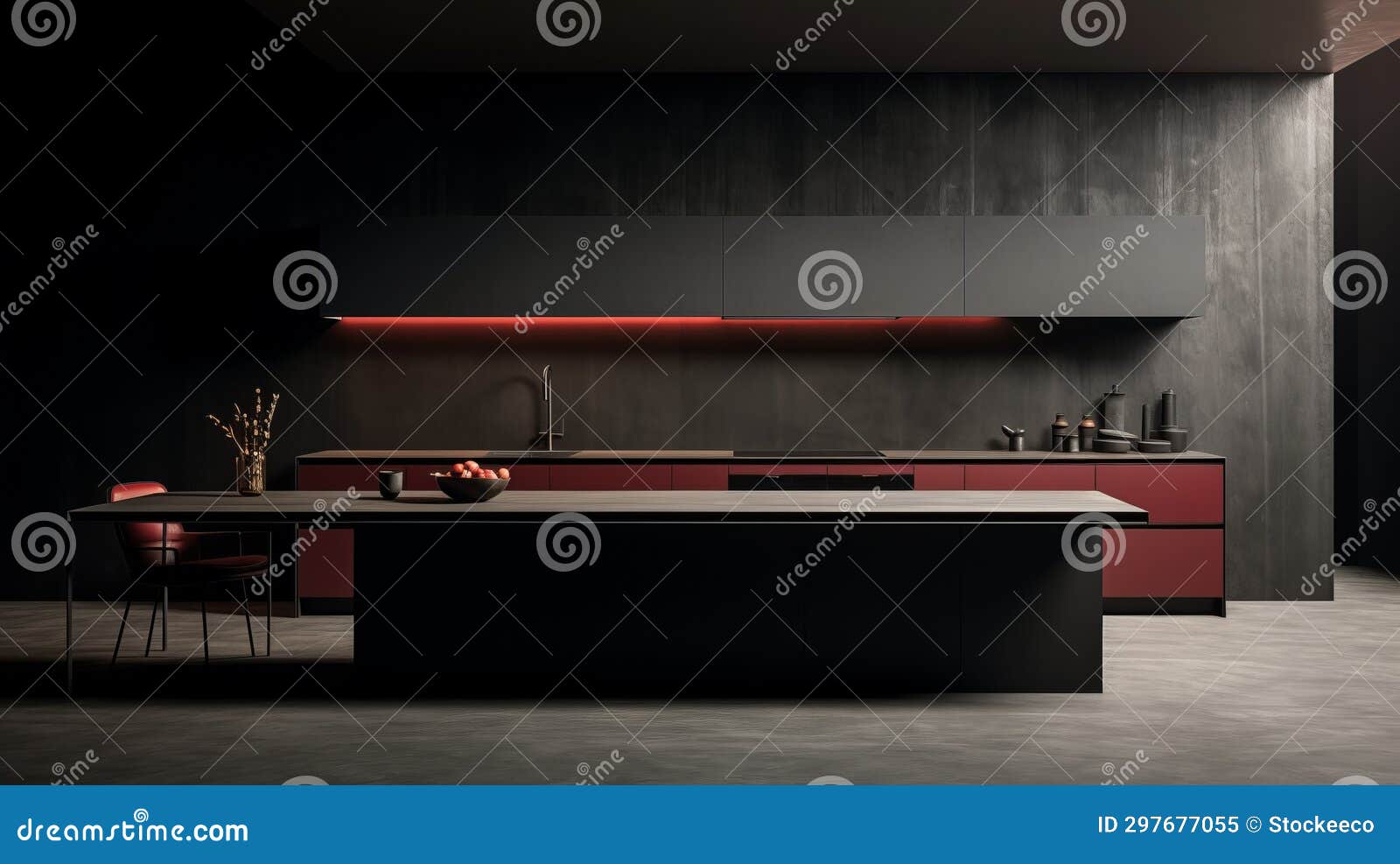 Luxurious Minimal Kitchen with Black and Red Island Stock Illustration