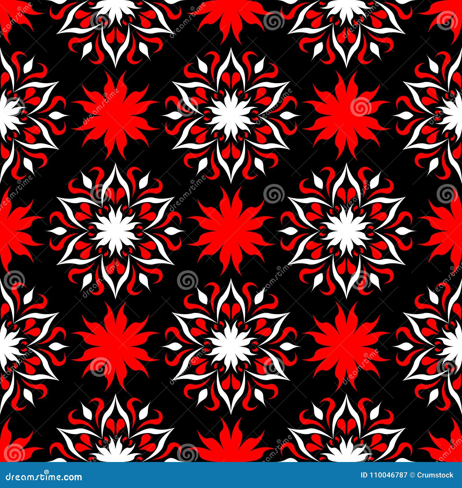 Red and white flower seamless pattern on black background for