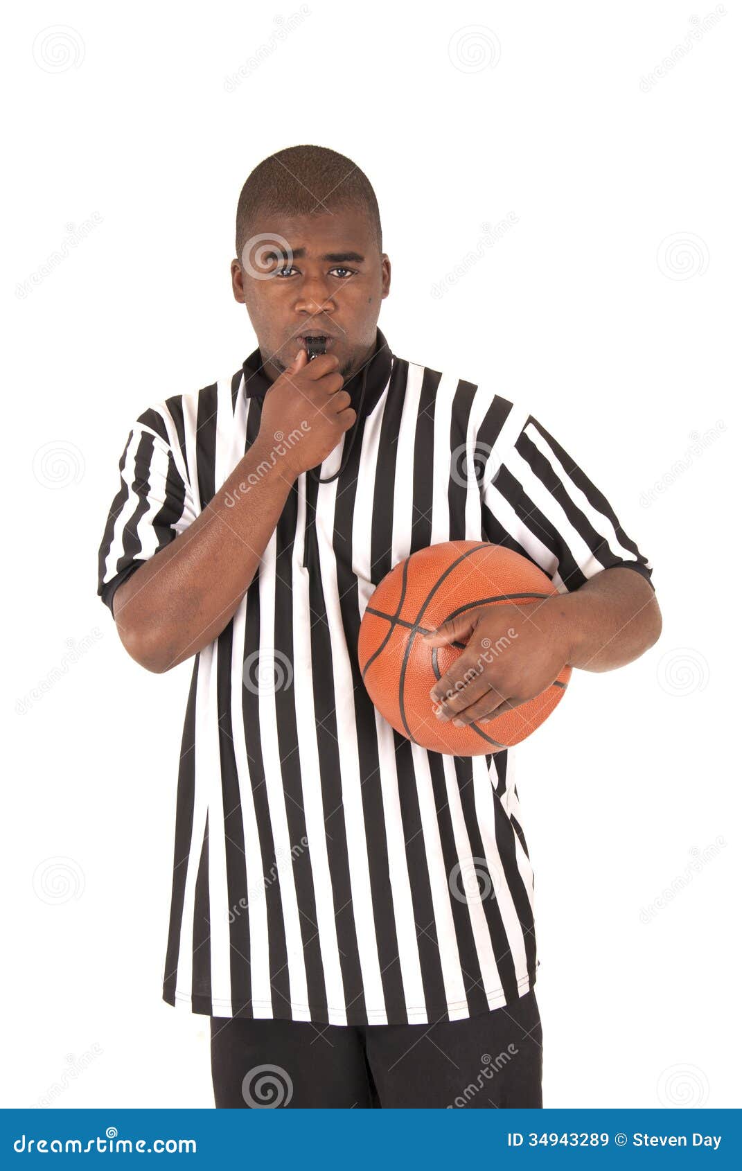 Black Referee Blowing Whistle Holding Basketball Stock Image Image of
