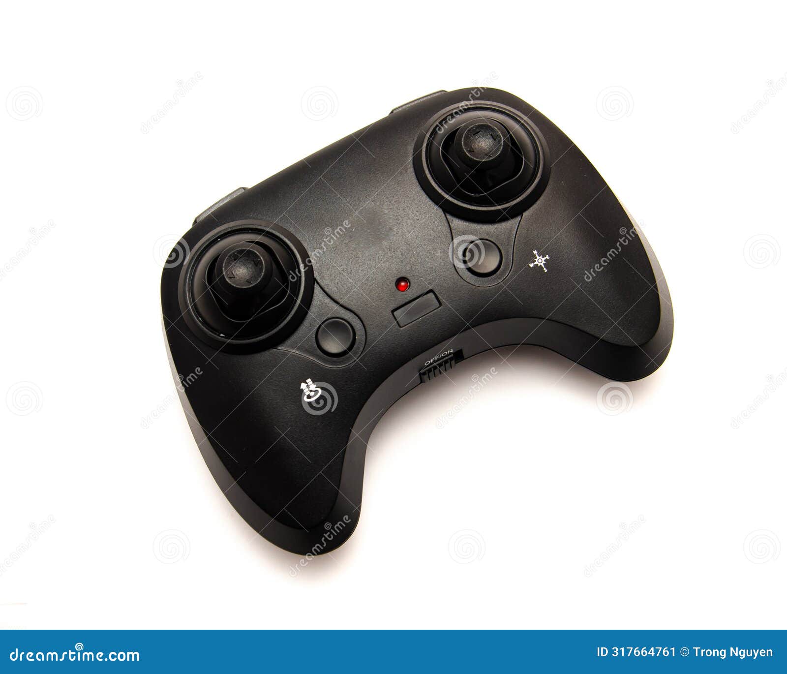 black remote control radio for mini drone with left and right joystick, hovering and flight buttons,  on white background