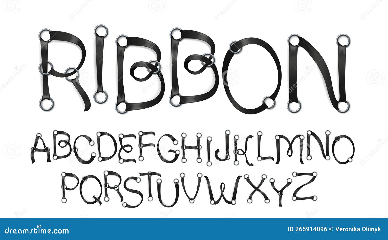 Black Ribbon through Eyelets Font. Metal Eyelet and Stripe Lettering