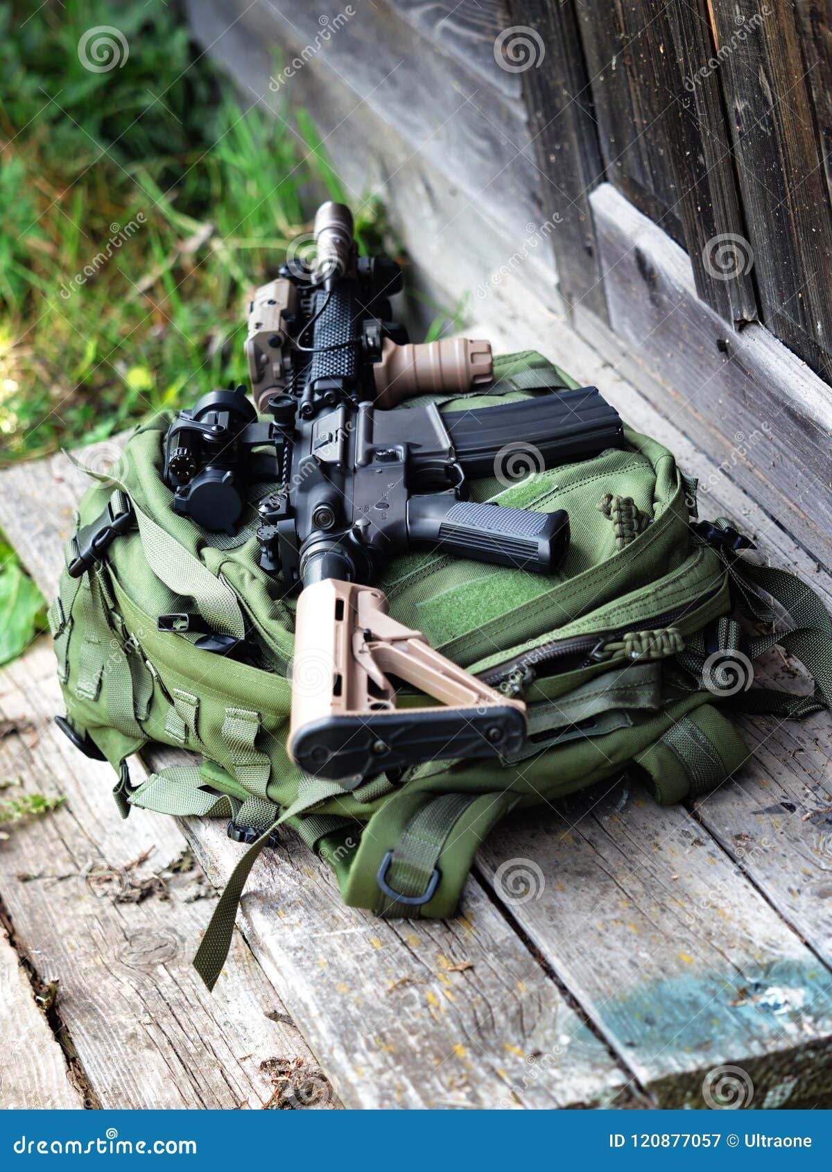 the black rifle on a backpack