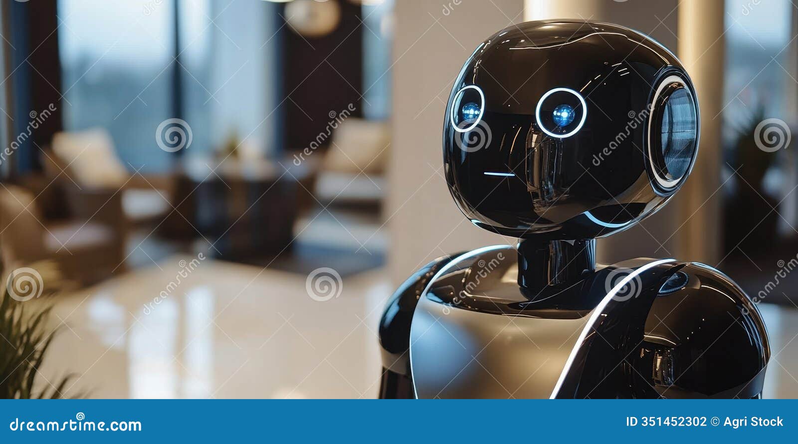 black robot with glowing eyes in an office setting