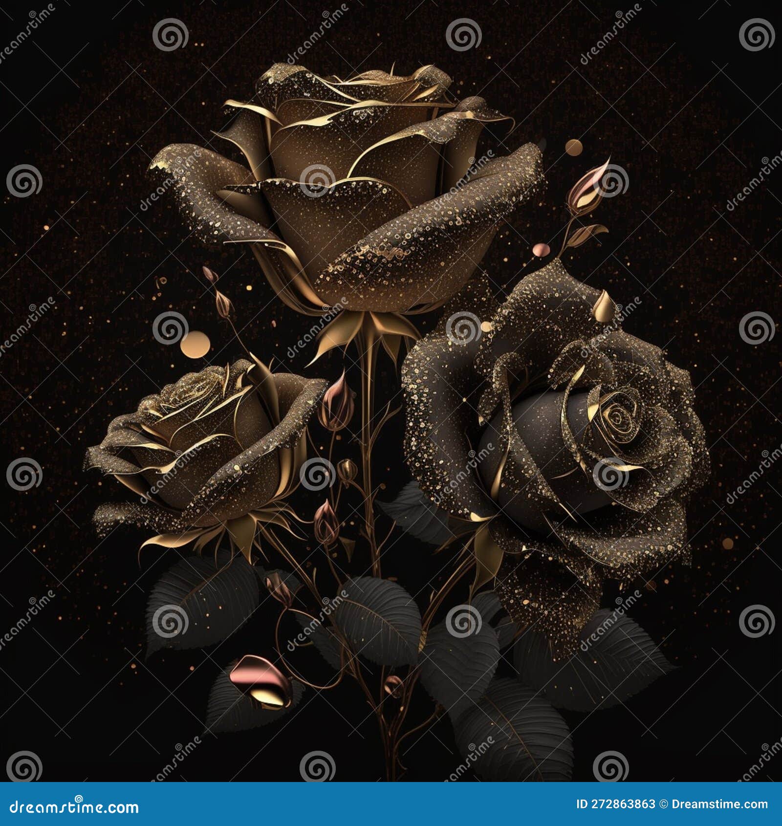 Black Roses with Gold on a Black Background. Generative AI Stock